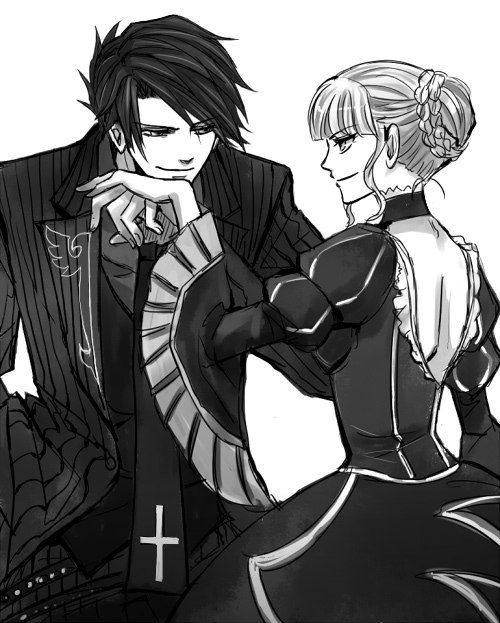 kaoru, beatrice (umineko), black battler, ushiromiya battler, umineko no naku koro ni, bad id, bad pixiv id, 00s, 1boy, 1girl, alternate costume, cross, dress, flower, formal clothes, frills, greyscale, jacket, monochrome, necktie, pinstripe pattern, pinstripe suit, pinstriped suit, smile, suit