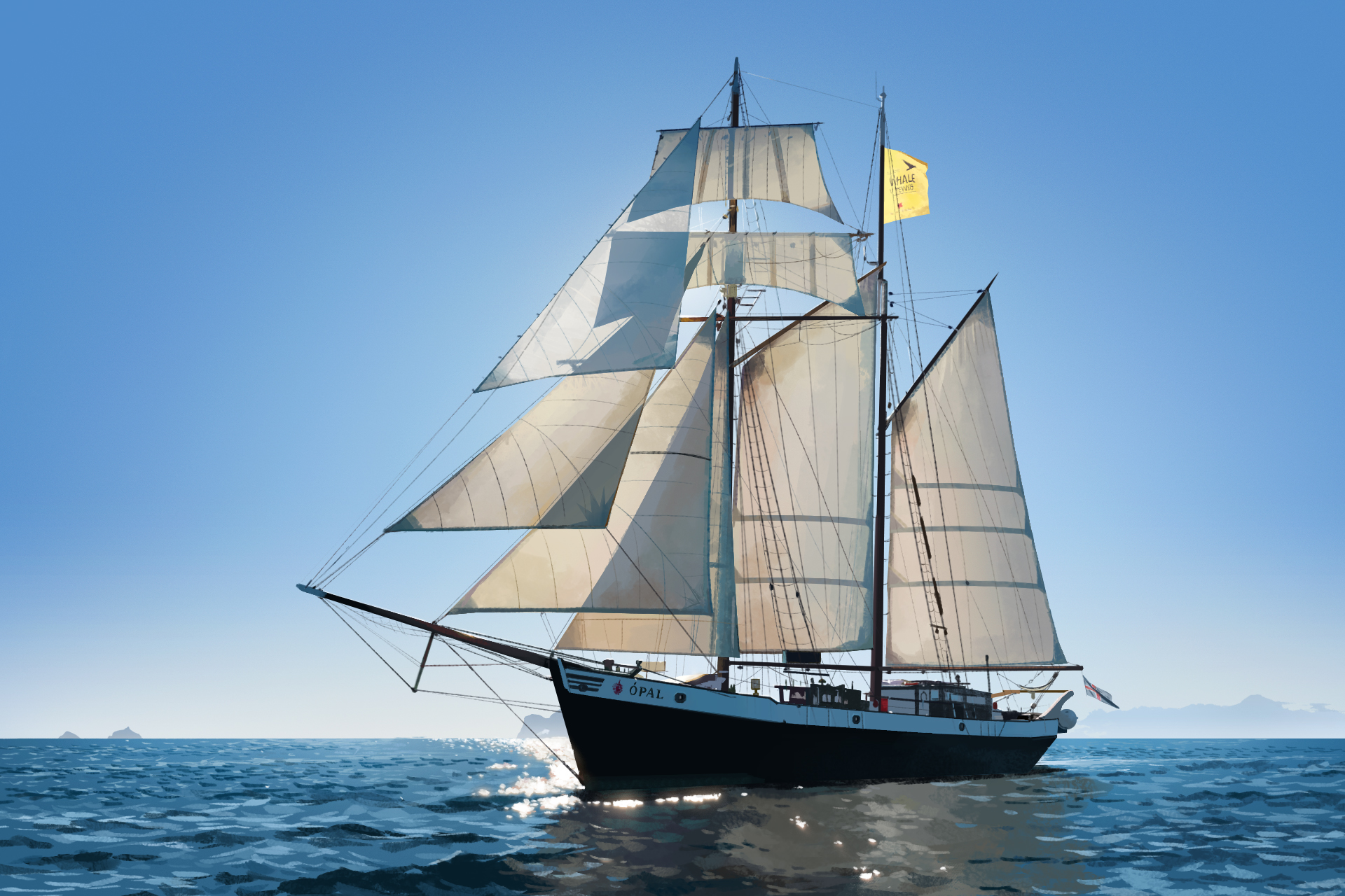 original, commentary, english commentary, highres, blue sky, boat, day, gjb870216, horizon, mountainous horizon, no humans, ocean, outdoors, photorealistic, realistic, sailboat, scenery, sky, water, watercraft