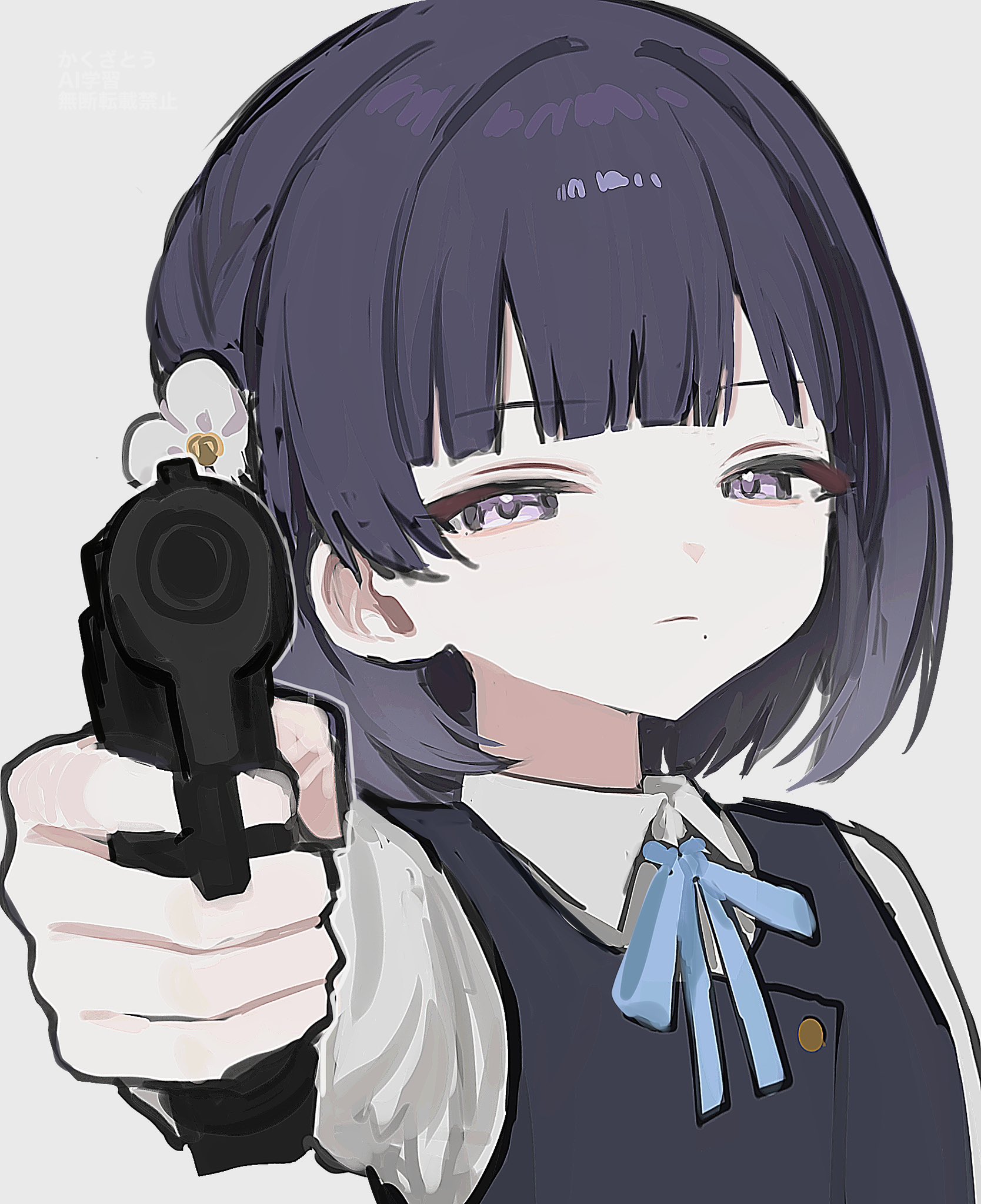 kakuzatou (sugar xouox), hataya misuzu, gakuen idolmaster, idolmaster, highres, 1girl, aiming, aiming at viewer, black vest, blue ribbon, braid, closed mouth, collared shirt, dress shirt, finger on trigger, gun, half-closed eyes, hand up, handgun, hatsuboshi gakuen school uniform, holding, holding gun, holding weapon, looking at viewer, medium hair, mole, mole under mouth, neck ribbon, purple eyes, purple hair, ribbon, school uniform, shirt, side braid, simple background, solo, upper body, vest, weapon, white background, white shirt
