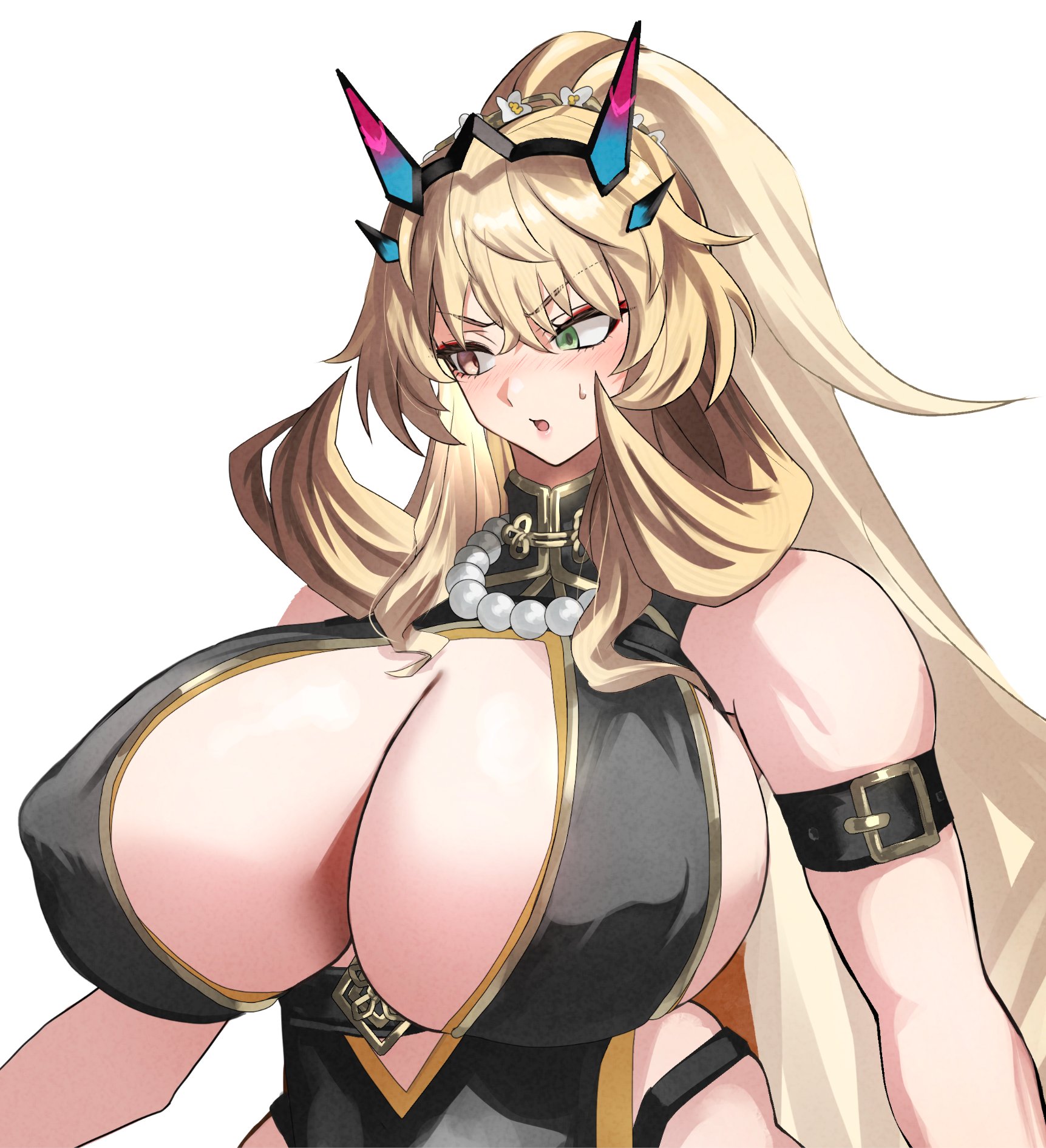 shibao aoyama, barghest (fate), fate/grand order, fate (series), commentary request, highres, 1girl, arm belt, belt, biceps, black belt, blonde hair, blush, breasts, cleavage, embarrassed, eyeliner, flower, green eyes, hair flower, hair ornament, heterochromia, horns, huge breasts, jewelry, makeup, muscular, muscular female, necklace, pearl necklace, red eyeliner, simple background, solo, upper body, white background, white flower