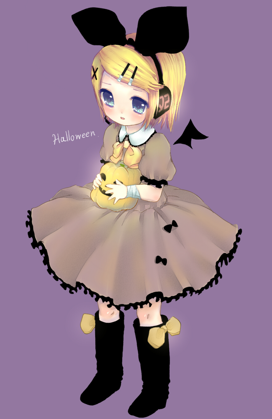 tyun, kagamine rin, vocaloid, bad id, bad pixiv id, highres, 1girl, bat wings, blonde hair, blue eyes, boots, child, dress, female focus, full body, hair ornament, hair ribbon, hairclip, halloween, headphones, headset, ribbon, short hair, simple background, solo, tears, wings