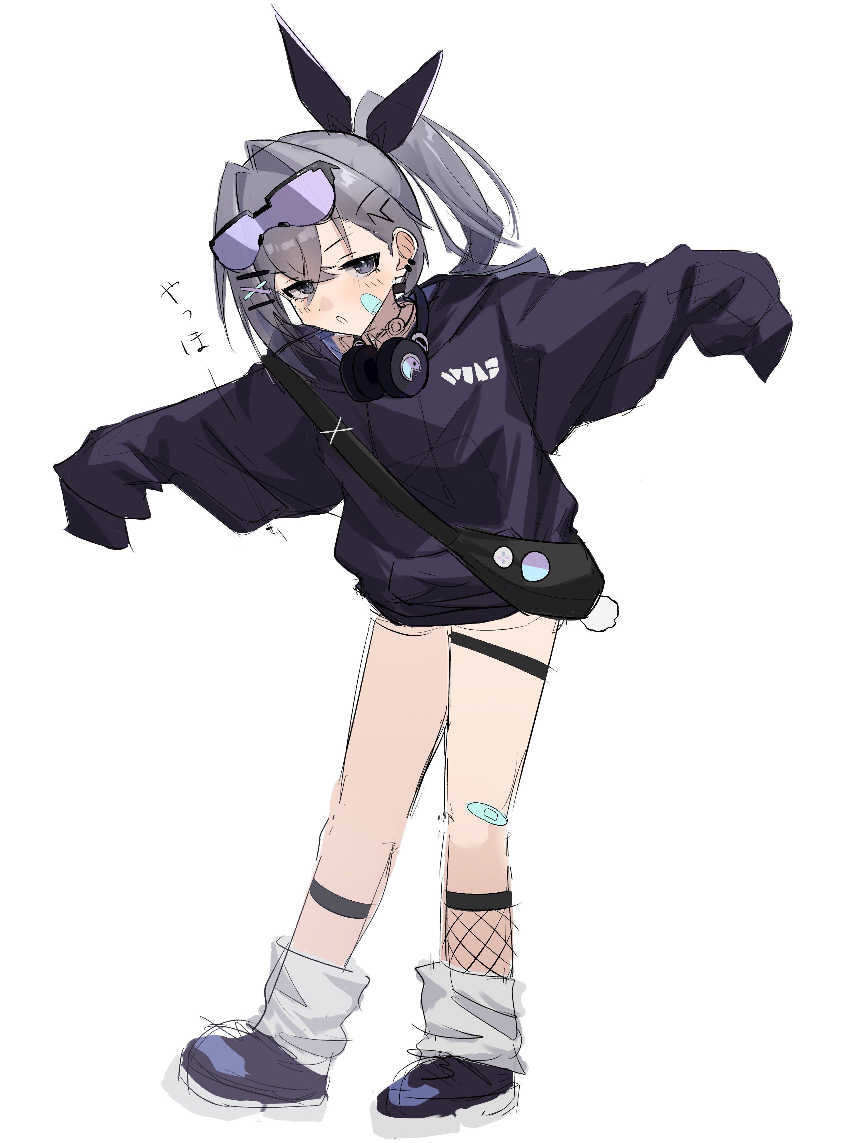 silver wolf (honkai: star rail), honkai: star rail, honkai (series), absurdres, highres, 1girl, alternate costume, bag, bandaid, bandaid on leg, black bag, black hoodie, black shoes, blush, crossed bangs, ear piercing, eyewear on head, fanny pack, fishnet socks, fishnets, full body, goggles, goggles on head, grey eyes, grey hair, hair between eyes, hair ornament, hair ribbon, hairclip, headphones, headphones around neck, hood, hood down, hoodie, include sub, jacket, long hair, long sleeves, looking at viewer, loose socks, outstretched arms, piercing, ponytail, ribbon, shoes, shoulder bag, simple background, sketch, sleeves past fingers, sleeves past wrists, socks, solo, standing, thigh strap, tinted eyewear, white background