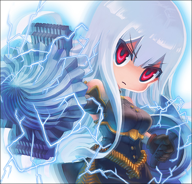 pokapamazu, selvaria bles, senjou no valkyria, senjou no valkyria (series), senjou no valkyria 1, silver hair, 00s, 1girl, chibi, female focus, gloves, long hair, military, military uniform, polearm, red hair, shield, solo, spear, weapon