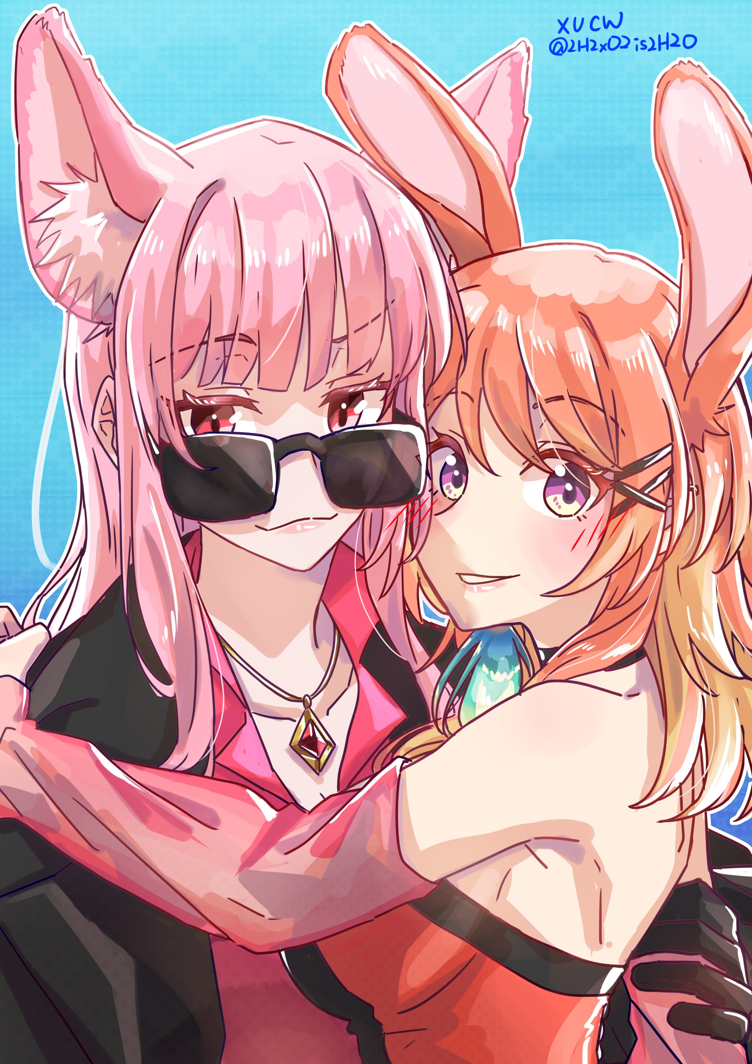 xu chin-wen, mori calliope, takanashi kiara, hololive, hololive english, q (hololive), green highlights, absurdres, highres, 2girls, alternate costume, blush, breasts, couple, earrings, feather earrings, feathers, gradient hair, jewelry, large breasts, long hair, multicolored hair, multiple girls, official alternate costume, open mouth, orange hair, pink hair, purple eyes, red eyes, reflective clothes, shirt, smile, tasty (takanashi kiara), virtual youtuber, yuri