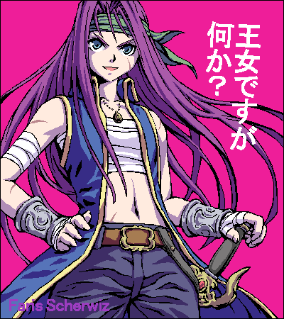 pokapamazu, faris scherwiz, final fantasy, final fantasy v, lowres, 1990s (style), 1girl, androgynous, bandages, belt, blue eyes, breast bind, female focus, headband, jewelry, long hair, navel, pendant, purple hair, retro artstyle, reverse trap, sarashi, scar, simple background, solo, sword, weapon