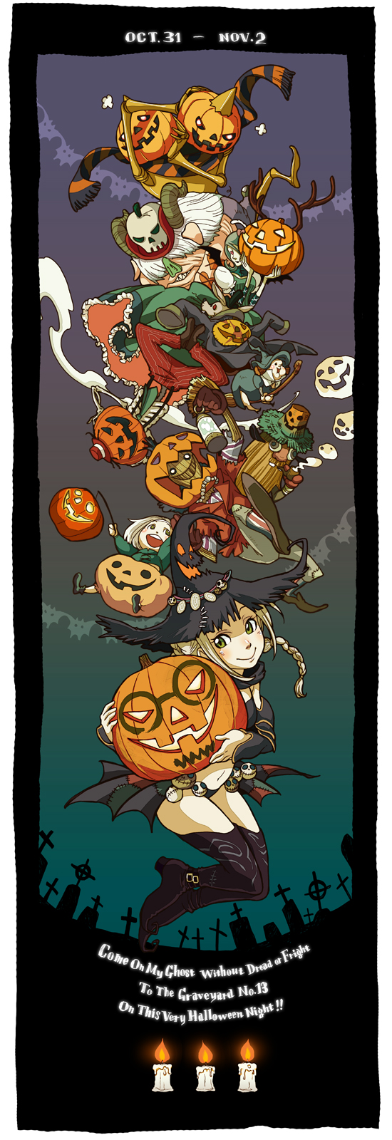 koyahara, cecilia (folkssoul), ellen (folkssoul), frizzie, scarecrow (folkssoul), folkssoul, highres, blonde hair, braid, candle, detached sleeves, green eyes, hat, long hair, ponytail, pumpkin, thighhighs, witch hat