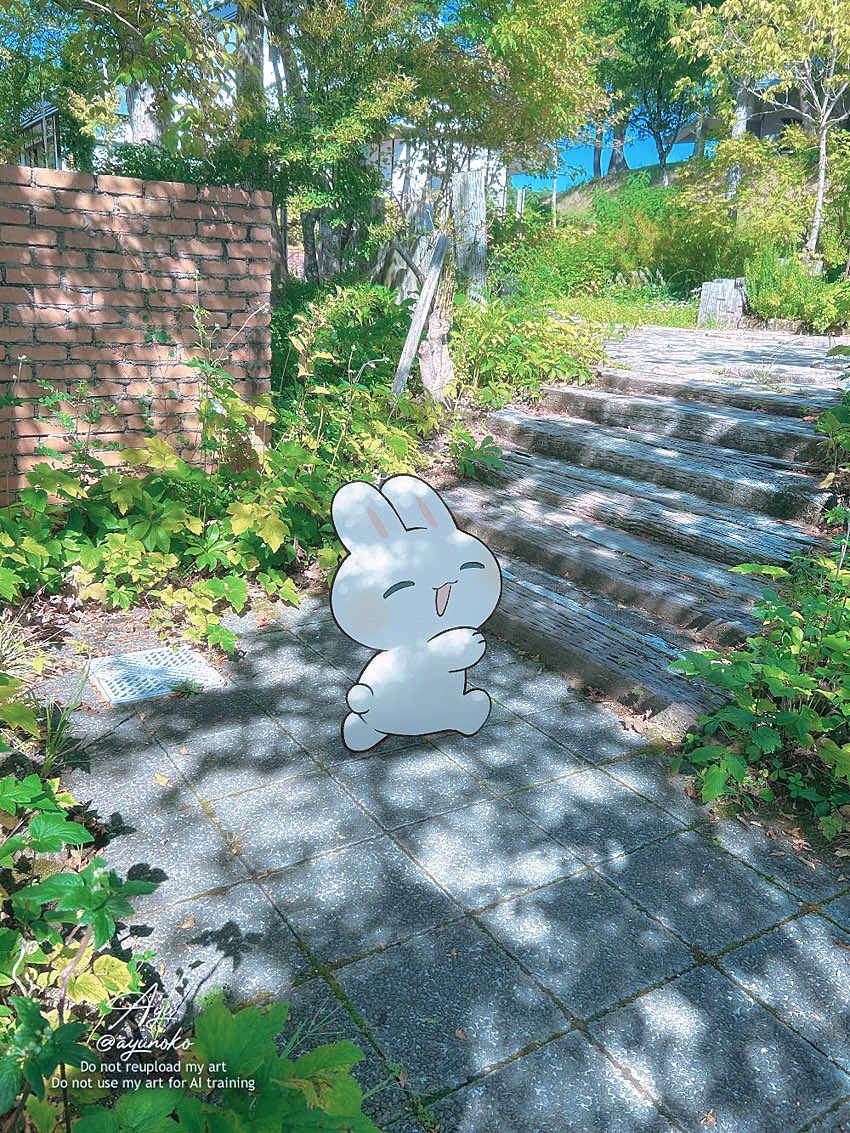 ayu (mog), original, commentary, english commentary, mixed media, :3, :d, ^ ^, animal, animal focus, brick wall, closed eyes, dappled sunlight, day, no humans, open mouth, outdoors, photo background, rabbit, signature, smile, solo, stairs, sunlight, tile floor, tiles, tree, twitter username, watermark