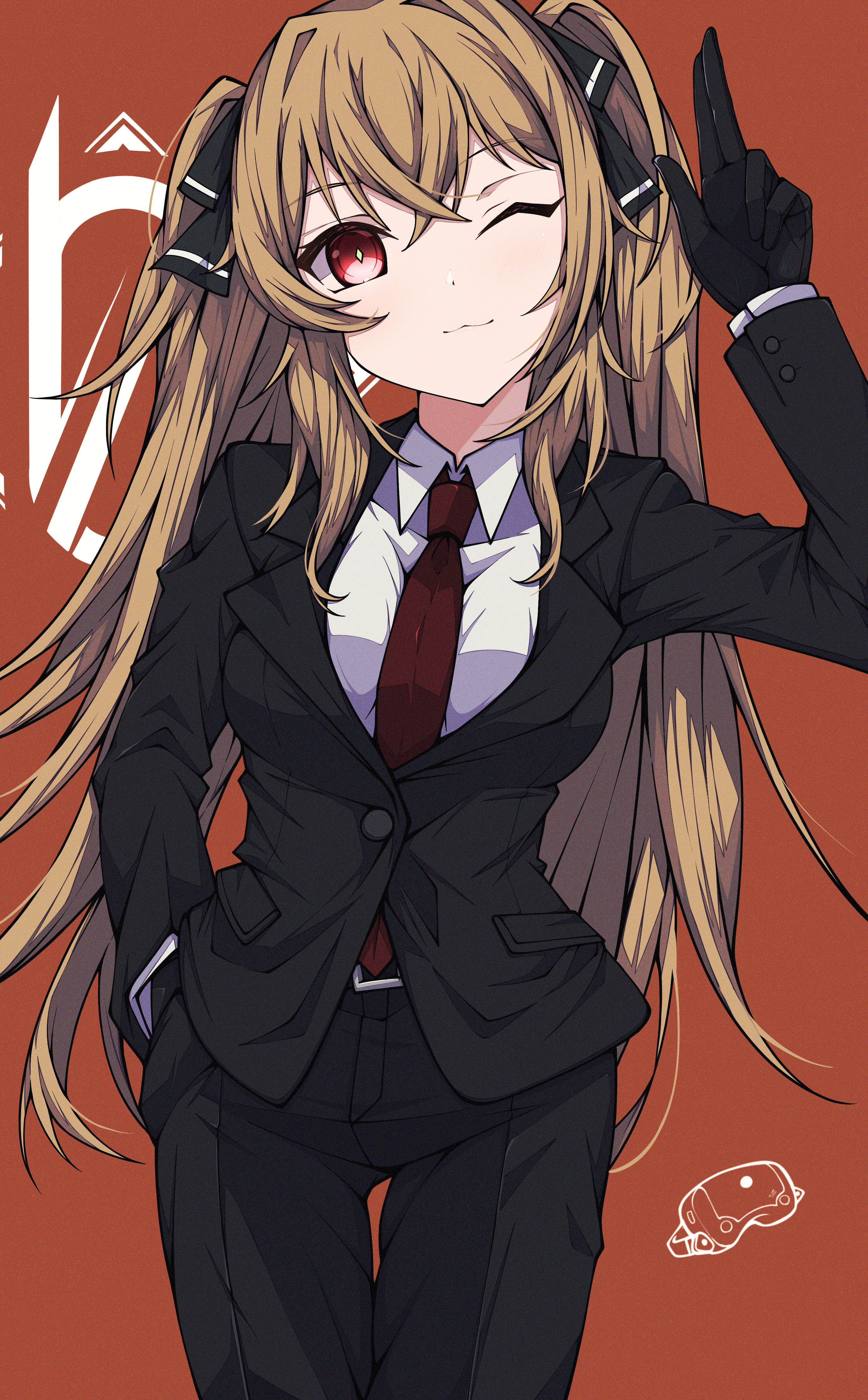 kakuzatou (cubesugar03196), ump9 (girls' frontline), girls' frontline, absurdres, commentary request, highres, 1girl, 404 logo (girls' frontline), ;3, between breasts, black gloves, black jacket, black pants, black suit, blazer, blush, breasts, brown hair, business suit, formal clothes, gloves, hair between eyes, hand in pocket, jacket, long hair, looking at viewer, medium breasts, necktie, necktie between breasts, one eye closed, pants, pink eyes, red eyes, red necktie, shirt, solo, suit, thigh gap, three-finger salute, twintails, very long hair, white shirt