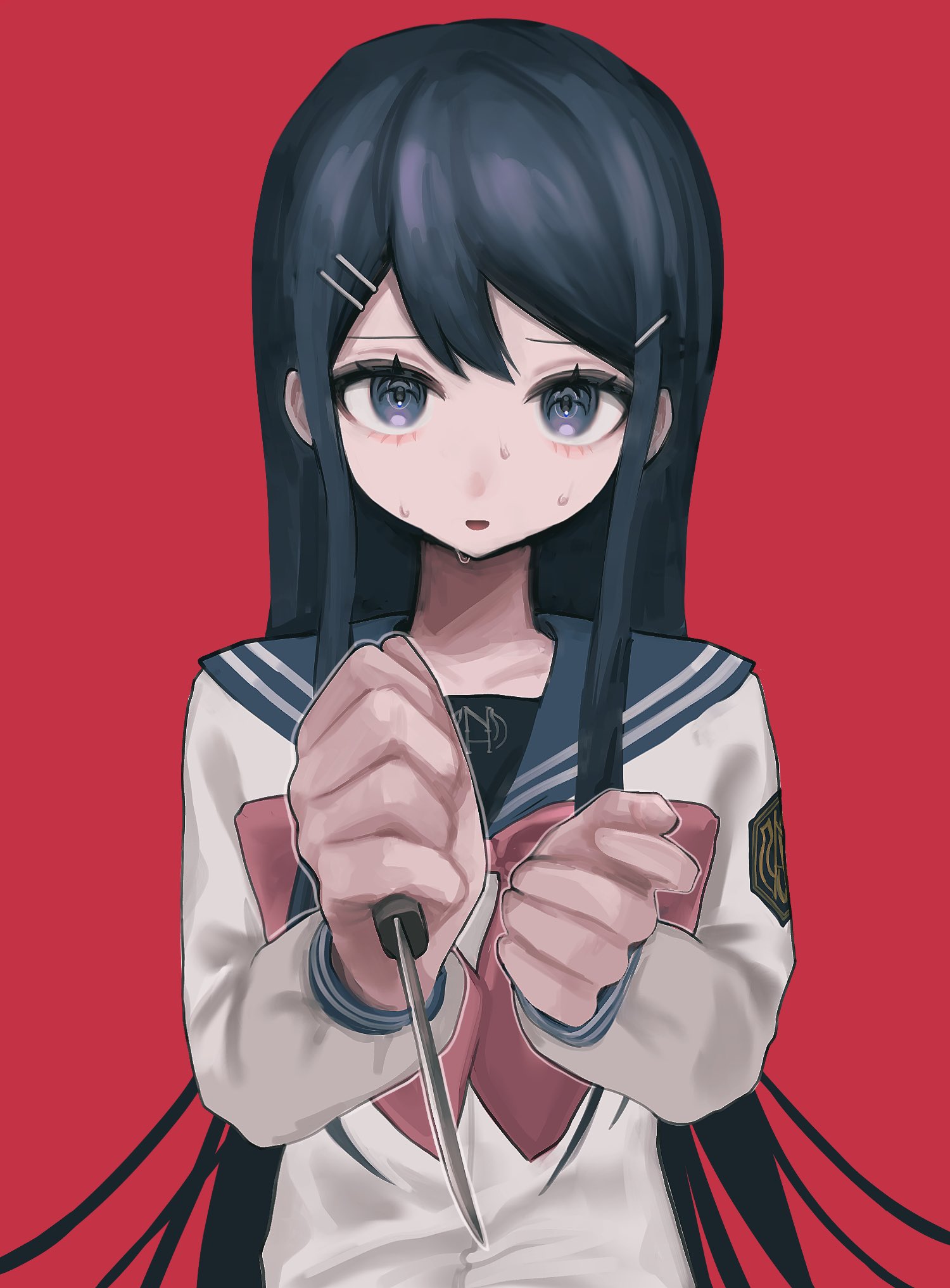 kakuzatou (sugar xouox), maizono sayaka, danganronpa: trigger happy havoc, danganronpa (series), commentary request, highres, revision, 1girl, blue eyes, blue hair, blue sailor collar, bow, bowtie, collarbone, hair ornament, hairclip, hands up, holding, holding knife, knife, long hair, long sleeves, looking at viewer, nervous, nervous sweating, open mouth, parallel hairclips, red background, red bow, red bowtie, sailor collar, sailor shirt, school uniform, shirt, simple background, solo, straight hair, sweat, upper body, very long hair