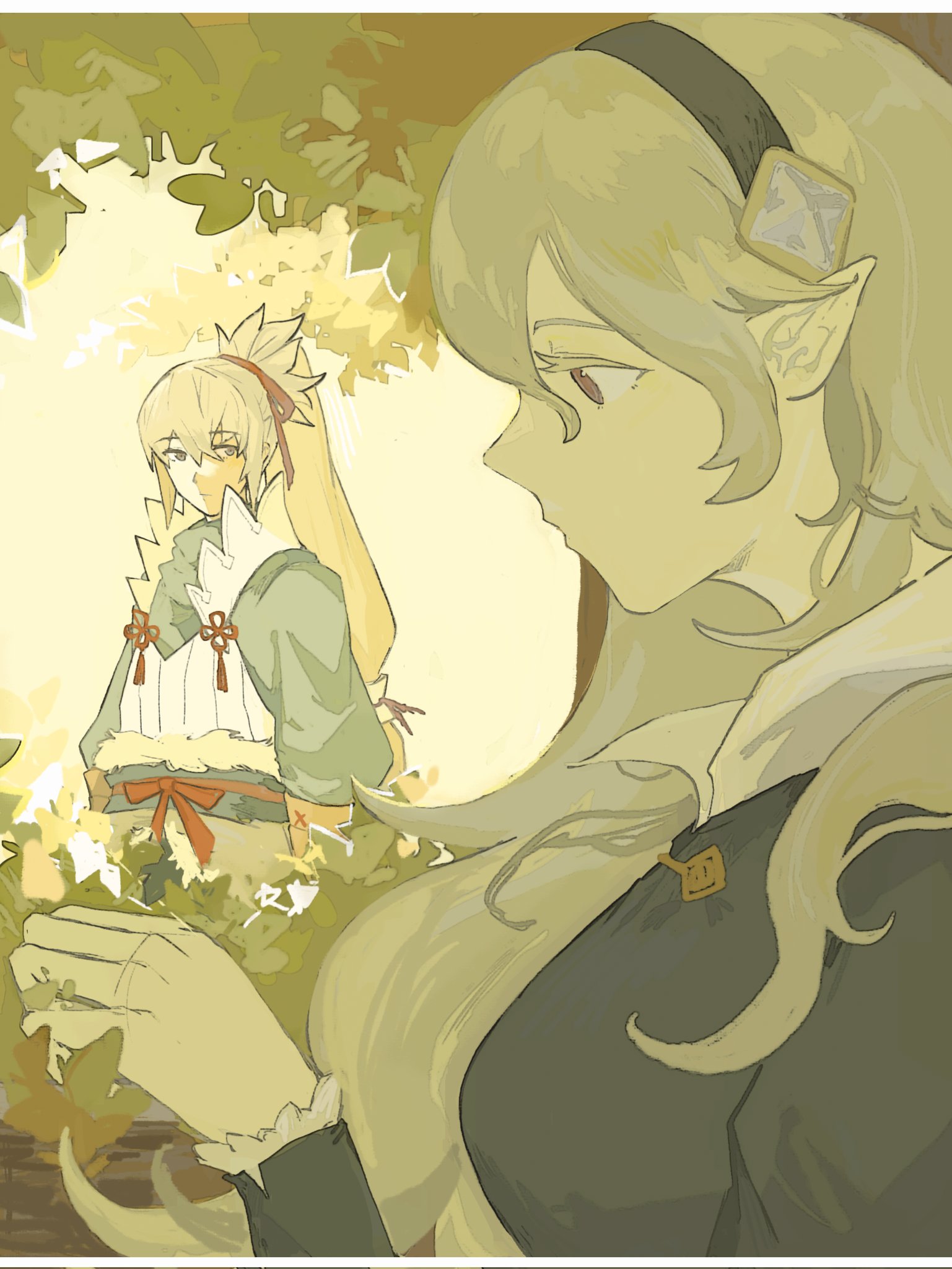 nearlydusk, female corrin (fire emblem), takumi (fire emblem), fire emblem, fire emblem fates, nintendo, hashtag-only commentary, highres, 1boy, 1girl, black hairband, breasts, grey hair, hair ribbon, hairband, high ponytail, japanese clothes, long hair, medium breasts, pointy ears, ponytail, red ribbon, ribbon