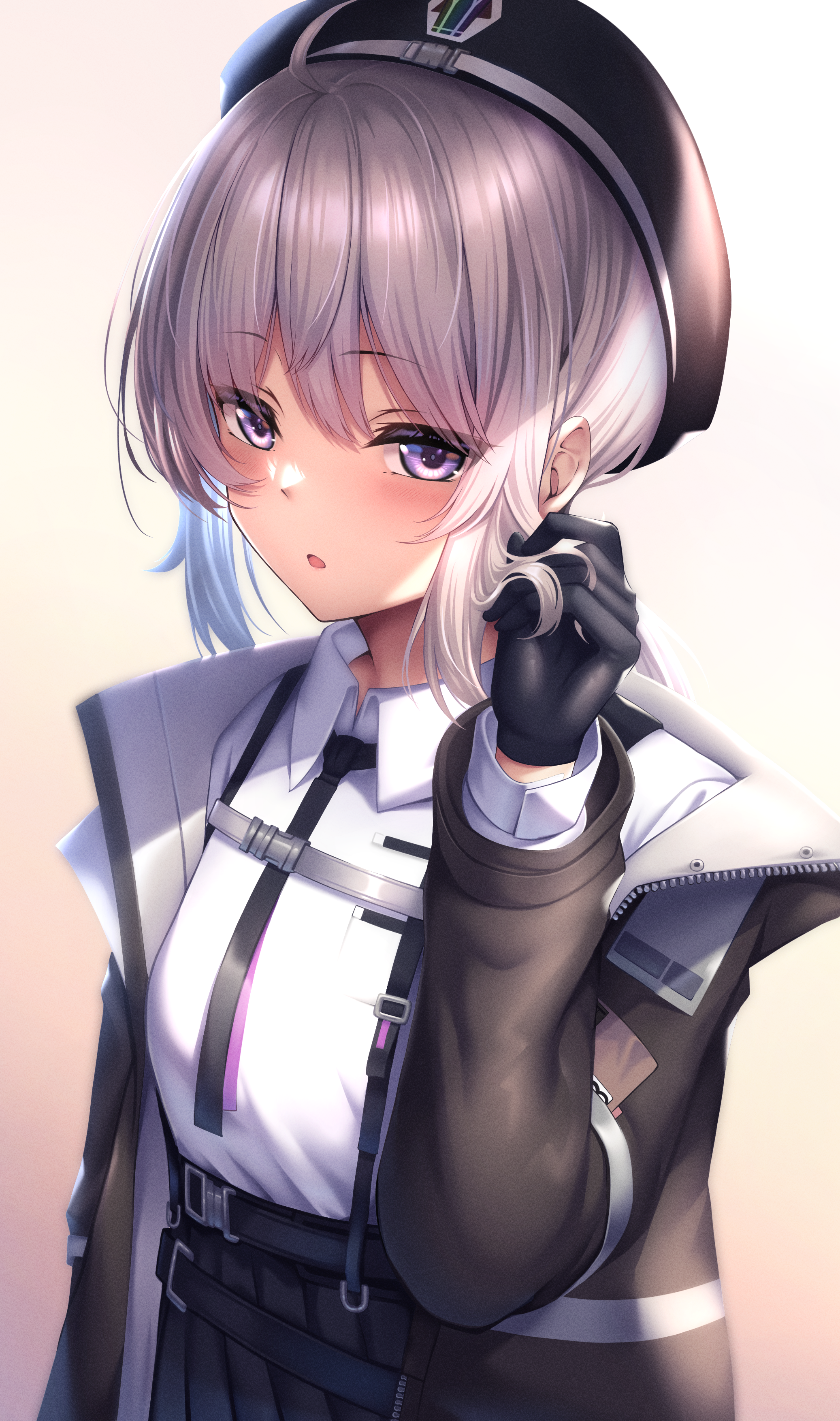 xlscaler, m200 (girls' frontline), girls' frontline, girls' frontline 2: exilium, absurdres, commentary request, highres, 1girl, :o, arm behind back, black gloves, black hat, black jacket, black necktie, black skirt, blush, breasts, cheyanne (girls' frontline 2), gloves, hair between eyes, hand up, hat, jacket, looking at viewer, medium hair, necktie, open clothes, open jacket, pleated skirt, purple eyes, shirt, skirt, small breasts, solo, upper body, white hair, white shirt