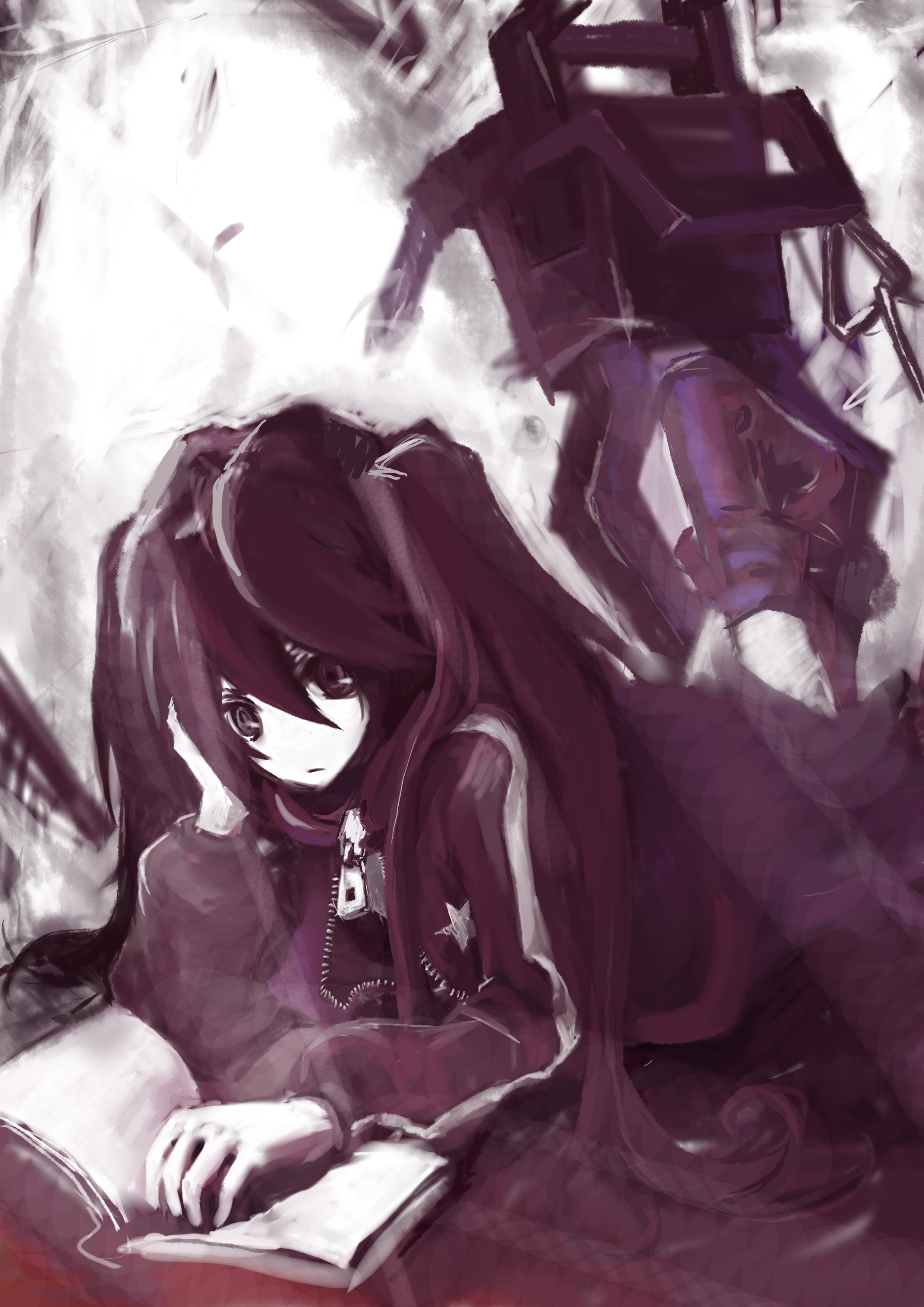 sherrybt, black rock shooter (character), black rock shooter, absurdres, highres, 10s, 1girl, arm cannon, black eyes, black hair, book, female focus, huge weapon, jacket, open book, reading, solo, twintails, weapon, zipper