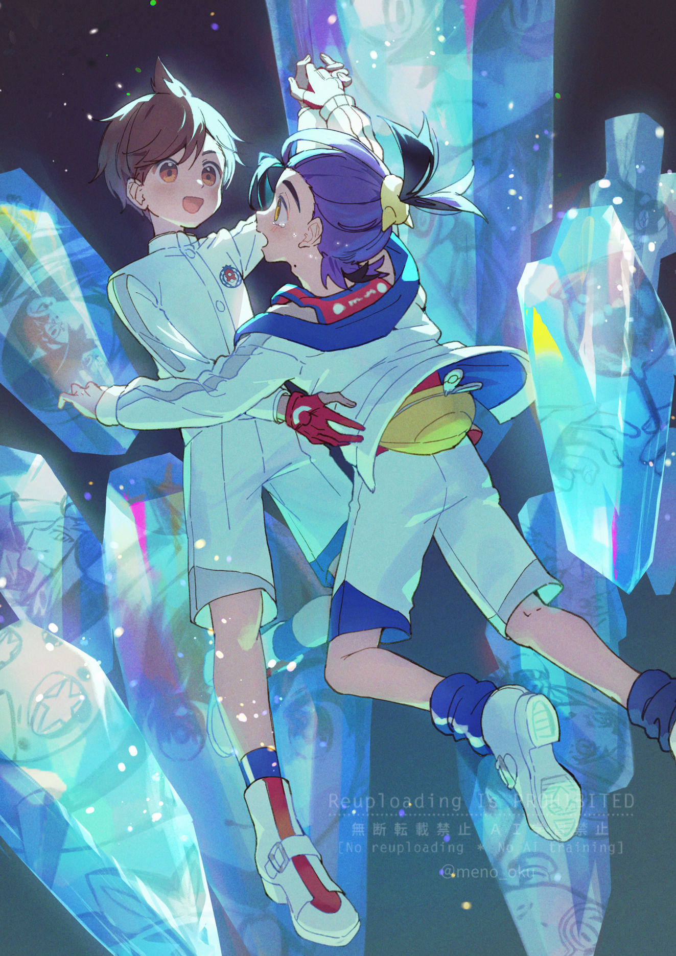 meno oku, carmine (pokemon), drayton (pokemon), florian (pokemon), kieran (pokemon), ogerpon, nintendo, pokemon, pokemon sv, commentary request, highres, 2boys, bag, black hair, blue gemstone, blue socks, blush, brown eyes, brown hair, candy apple, crying, crying with eyes open, crystal, food, gem, gloves, holding hands, jacket, long sleeves, male focus, mole, mole on neck, multiple boys, open clothes, open jacket, open mouth, partially fingerless gloves, purple hair, red gloves, red tank top, shoes, shorts, single glove, socks, tank top, tears, white jacket, white shoes, white shorts, yellow bag, yellow eyes