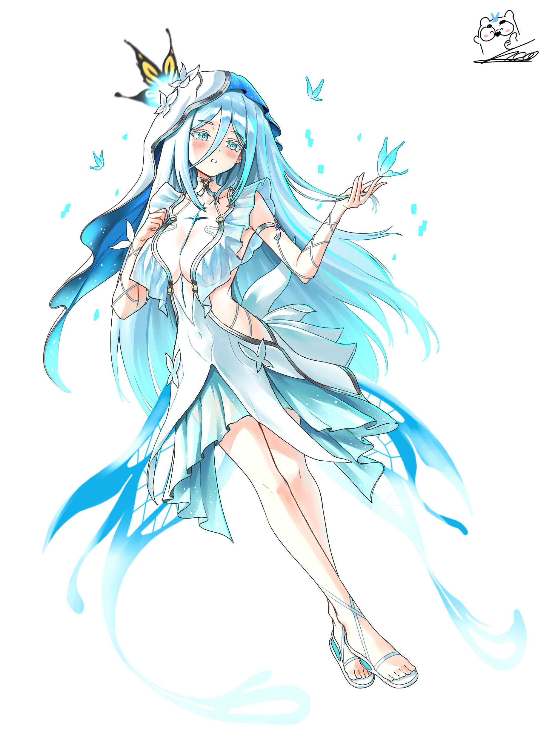 ice bear, shorekeeper (wuthering waves), vanya (black survival), black survival, eternal return: black survival, wuthering waves, absurdres, commentary, highres, 1girl, armlet, bare legs, blue hair, blue veil, blush, breasts, cosplay, dress, full body, heel-less heels, high heel sandals, jewelry, large breasts, legs, long hair, parted lips, sandals, shorekeeper (wuthering waves) (cosplay), simple background, solo, toes, two-tone veil, veil, very long hair, white background, white dress, white veil