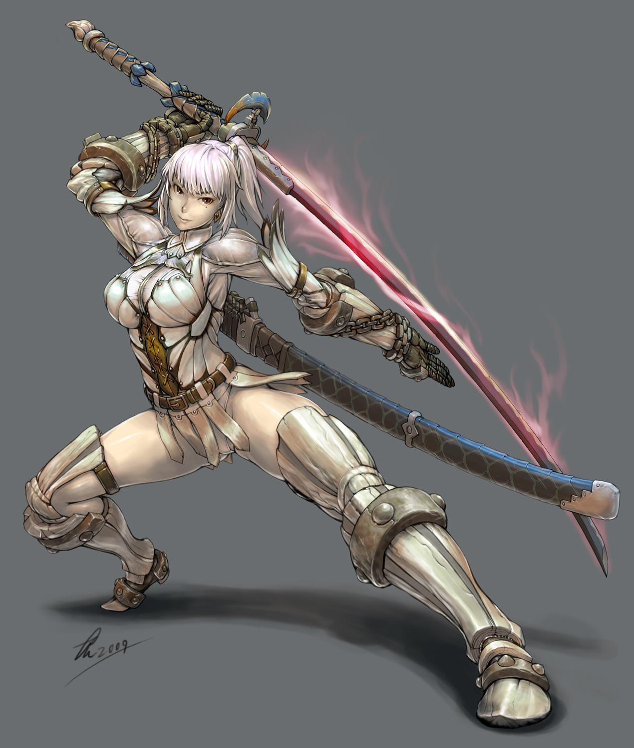maruyama rui, capcom, monster hunter (series), monster hunter 3, highres, 1girl, alternate color, bnahabra (armor), ceadeus (armor), earrings, female focus, fire, flaming sword, flaming weapon, gauntlets, jewelry, katana, ootachi, ponytail, red eyes, scabbard, sheath, short hair, simple background, solo, sword, weapon, white hair