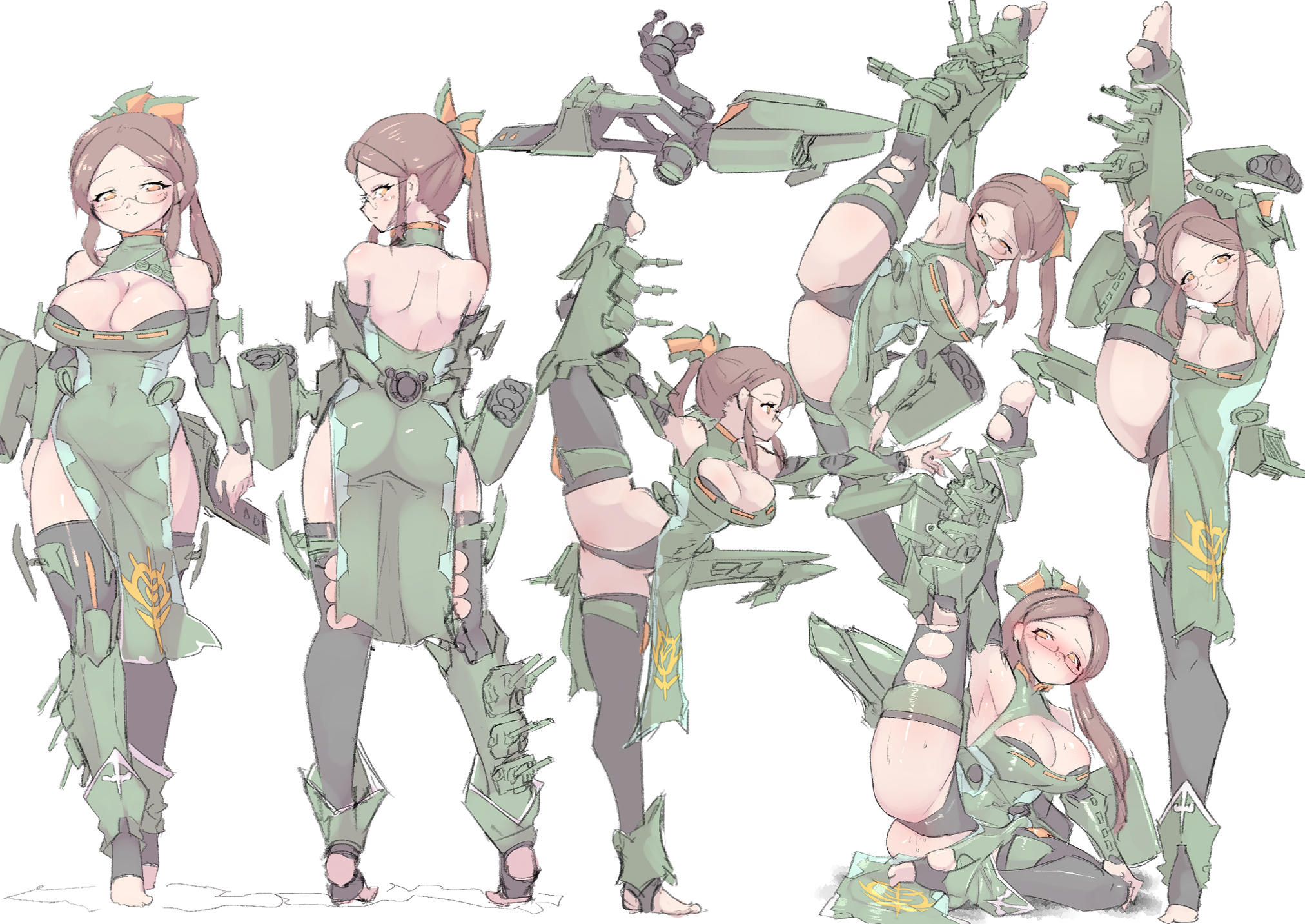 yazawa owl, musai, gundam, mobile suit gundam, commentary request, highres, 1girl, arm armor, armpits, arms up, ass, back, bare shoulders, black thighhighs, blush, breasts, brown hair, cleavage, covered groin, covered navel, dress, glasses, green dress, groin, hair ornament, large breasts, leg up, leggings, leotard, logo, long hair, long sidelocks, multiple views, orange eyes, personification, ponytail, round eyewear, science fiction, shoulder blades, sidelocks, simple background, split, standing, standing front split, standing on one leg, standing split, stirrup legwear, sweat, thighhighs, toeless legwear, torn clothes, torn leggings, weapon, white background, yoga, zeon