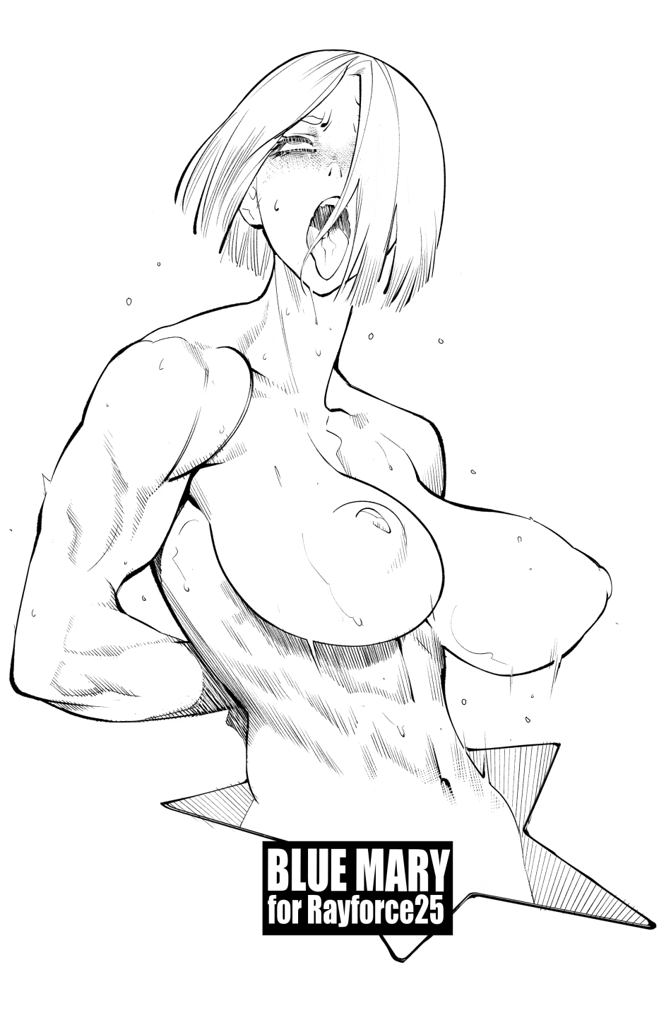 burustandin, blue mary, fatal fury, snk, the king of fighters, commentary, english commentary, highres, 1girl, abs, ahegao, bare shoulders, blonde hair, bob cut, bound, bound wrists, breasts, completely nude, greyscale, inverted nipples, large breasts, monochrome, muscular, muscular female, navel, nipples, nude, sagging breasts, short hair, solo