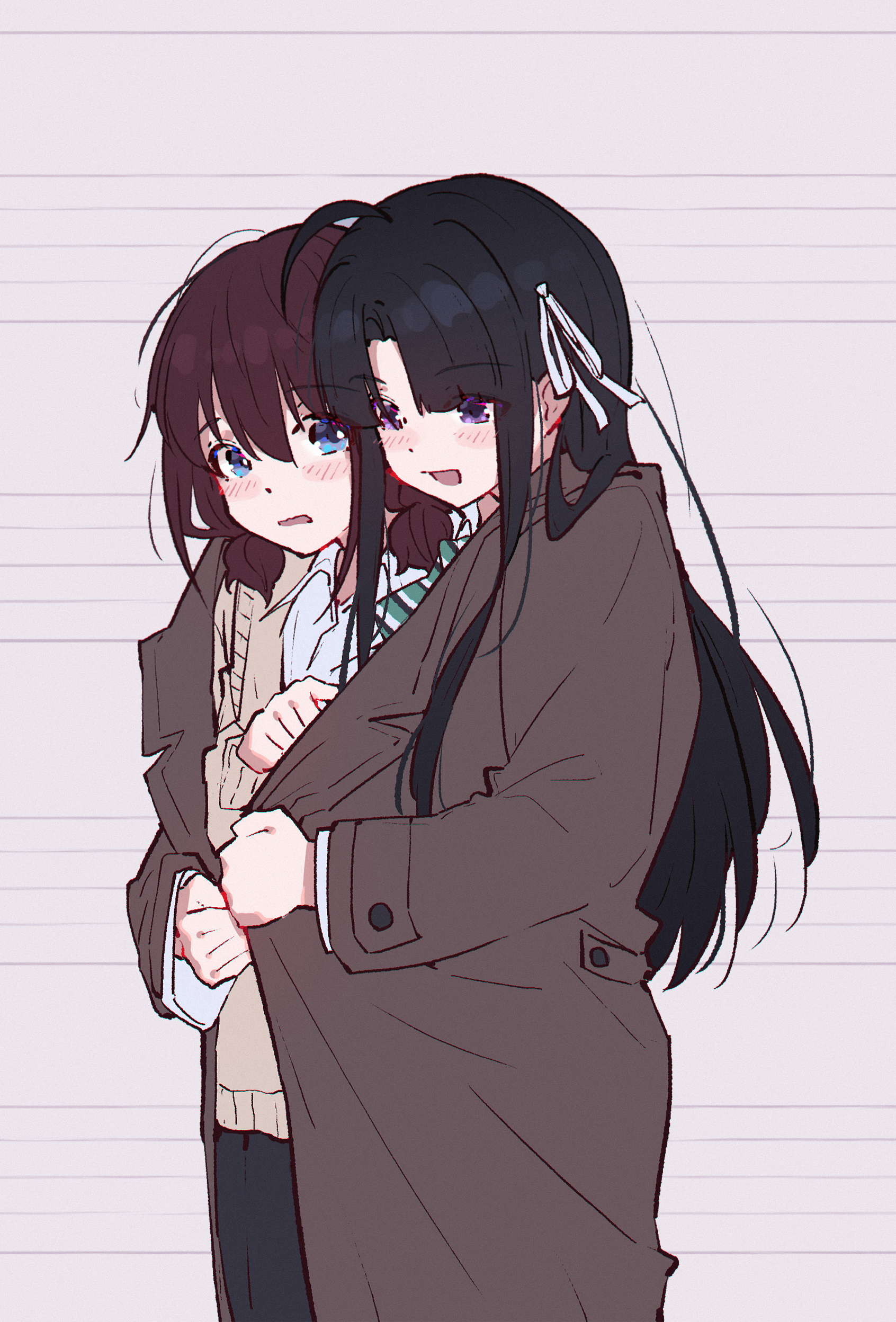 yun cao bing, awa subaru, iseri nina, girls band cry, absurdres, chinese commentary, commentary request, highres, 2girls, ahoge, black hair, blue eyes, brown cardigan, brown coat, brown hair, cardigan, coat, hair ribbon, long hair, long sleeves, low twintails, multiple girls, open mouth, parted bangs, purple eyes, ribbon, shared clothes, shared coat, shirt, short hair, short twintails, twintails, white ribbon, white shirt, yuri