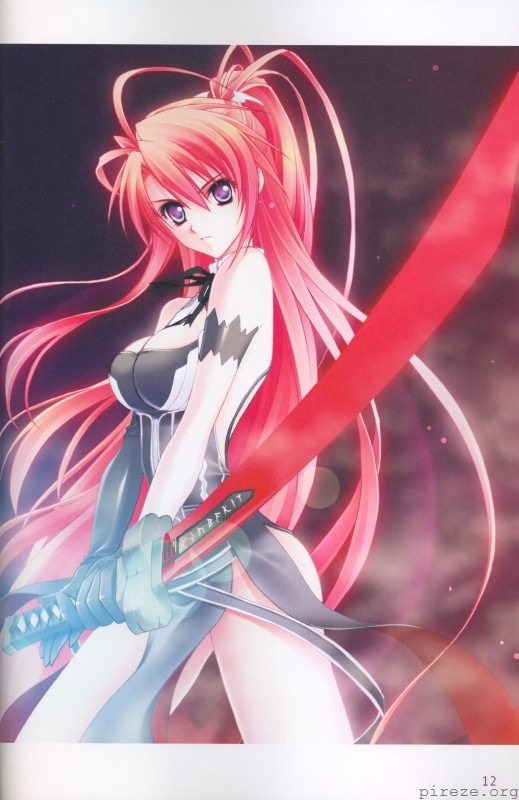 ignis (jingai makyou), jingai makyou, 1girl, female focus, katana, ninja, red hair, solo, sword, watermark, weapon