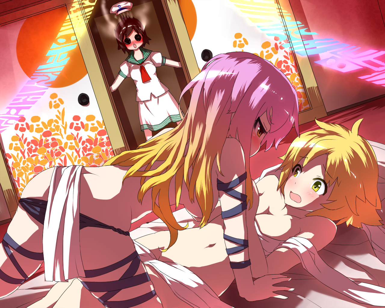 blue vert, hijiri byakuren, murasa minamitsu, toramaru shou, touhou, 3girls, black hair, blonde hair, blush, breasts, caught, female focus, girl on top, gradient hair, hanging breasts, hat, long hair, multicolored hair, multiple girls, ribbon, sailor, sailor collar, sailor hat, school uniform, short hair, sorcerer's sutra scroll, tareme, walk-in, yellow eyes, you gonna get raped, yuri