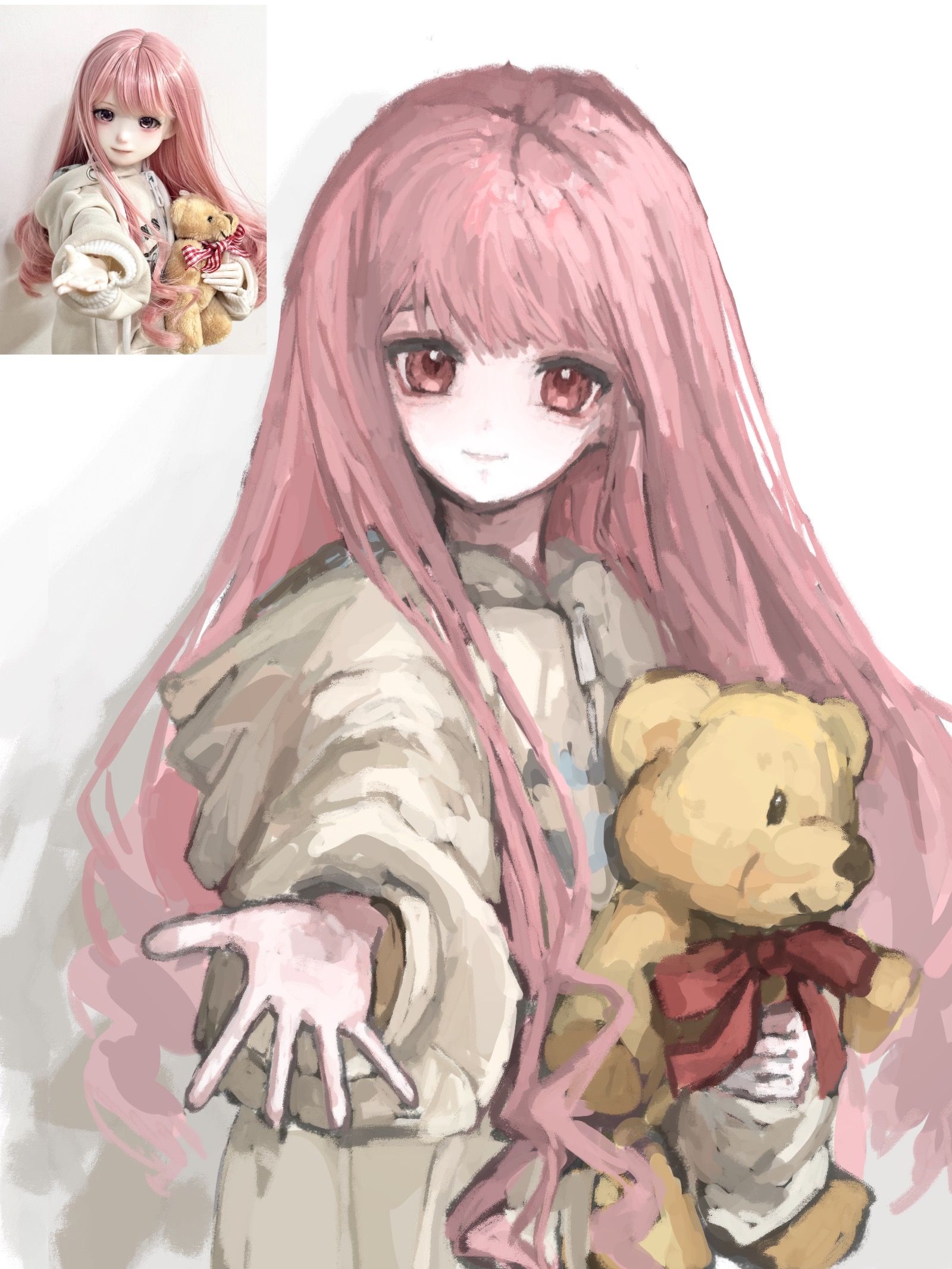 nikki (nikki), nikki (series), chinese commentary, commentary request, highres, 1girl, aegyo sal, bow, bowtie, brown eyes, brown jacket, closed mouth, clothes writing, cowboy shot, dot nose, happy, holding, holding stuffed toy, hood, hood down, hooded jacket, jacket, long hair, long sidelocks, long sleeves, looking at viewer, offering hand, pink hair, puffy long sleeves, puffy sleeves, red bow, red bowtie, reference inset, shadow, shuimitaodamaichang, sidelocks, simple background, smile, solo, standing, stuffed animal, stuffed toy, teddy bear, very long hair, wavy hair, white background, zipper, zipper pull tab