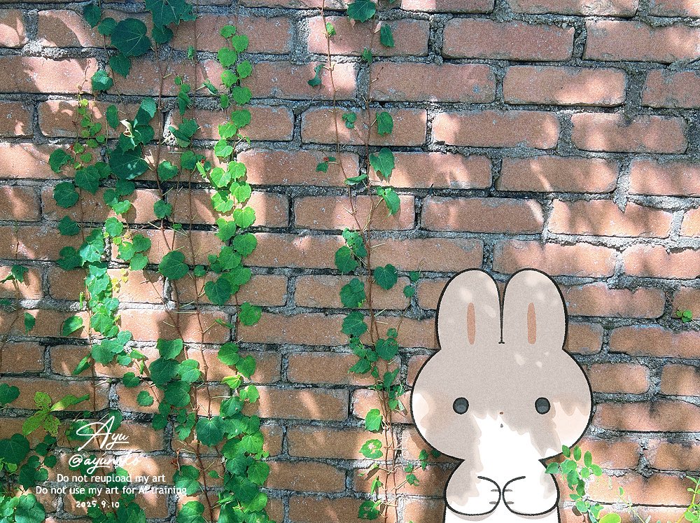 ayu (mog), original, commentary, mixed media, symbol-only commentary, animal, animal focus, brick wall, closed mouth, dappled sunlight, dated, day, leaf, no humans, outdoors, photo background, rabbit, signature, solid circle eyes, solo, sunlight, twitter username, watermark