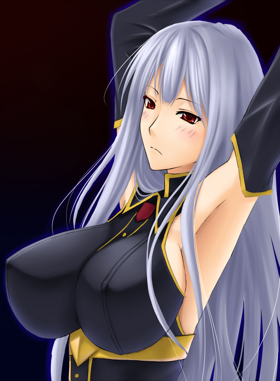 akitsuki karasu, selvaria bles, senjou no valkyria, senjou no valkyria (series), senjou no valkyria 1, silver hair, 00s, 1girl, armpits, arms up, blush, breasts, detached sleeves, female focus, large breasts, long hair, military, military uniform, red eyes, solo