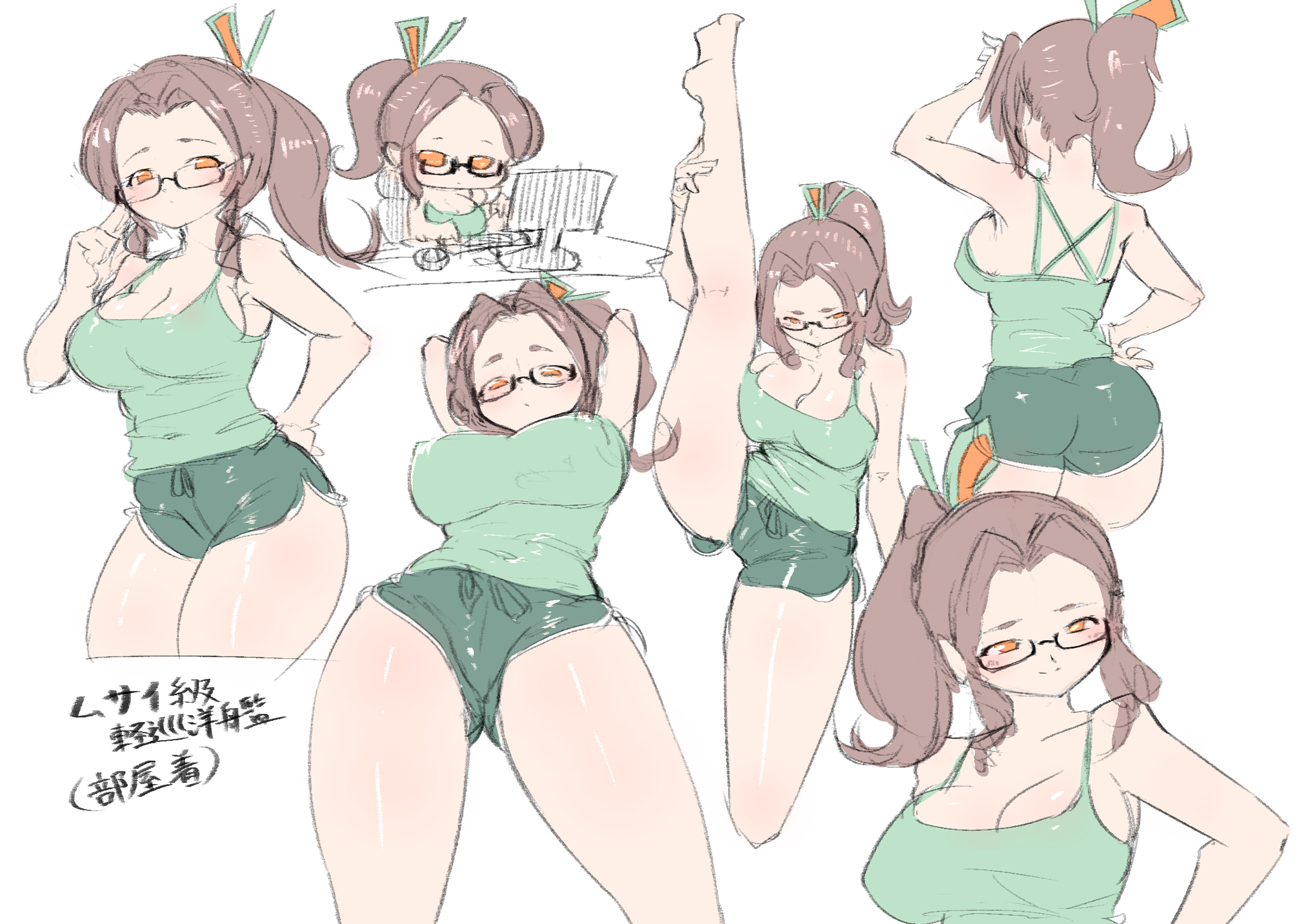 yazawa owl, musai, gundam, mobile suit gundam, commentary request, highres, 1girl, adjusting eyewear, armpits, arms up, bare shoulders, blush, breasts, brown hair, computer, covered navel, cropped legs, dolphin shorts, from behind, from below, green shorts, green tank top, hair ornament, hand on eyewear, hand on own hip, large breasts, leg up, long sidelocks, looking at viewer, personification, ponytail, round eyewear, rubbing head, shorts, sideboob, sidelocks, simple background, sitting, smile, standing front split, tank top, thick thighs, thighs, white background
