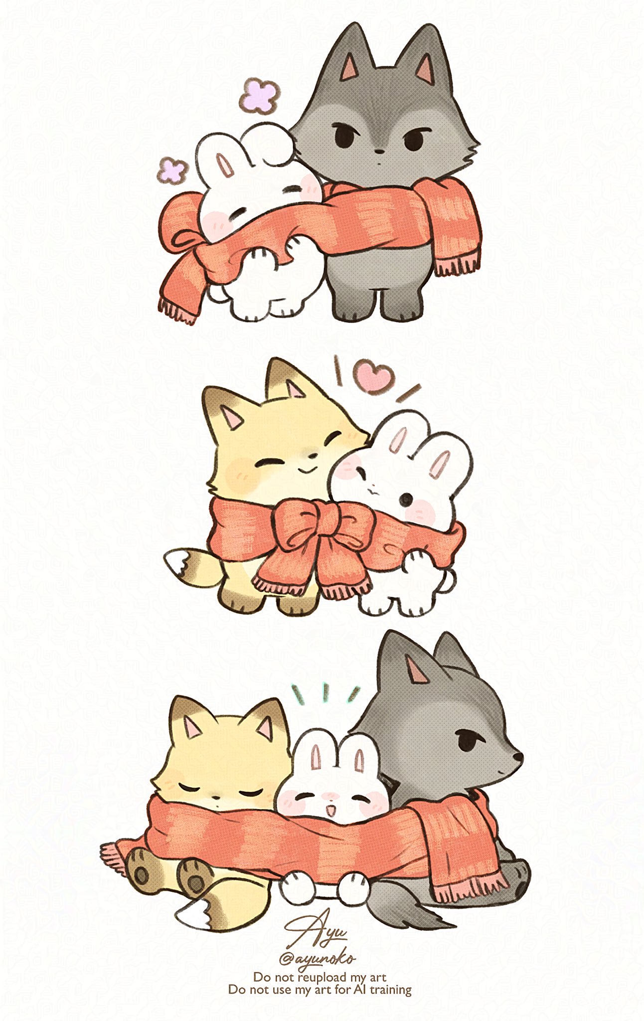 ayu (mog), original, commentary, english commentary, highres, :d, ;>, animal, animal focus, bow, closed eyes, closed mouth, fox, heart, no humans, notice lines, one eye closed, open mouth, rabbit, red scarf, scarf, scarf bow, shared clothes, shared scarf, signature, simple background, smile, solid circle eyes, twitter username, watermark, white background, wolf