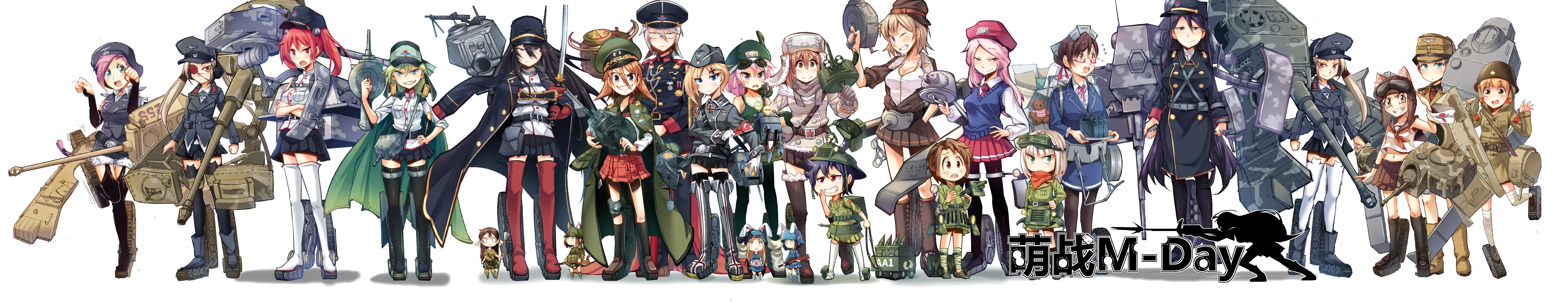 dayue, original, united states army, absurdres, commentary request, highres, long image, wide image, 6+girls, :d, beret, black hair, black skirt, black thighhighs, blonde hair, blue eyes, blue sweater vest, bomber jacket, british army, brodie helmet, brown eyes, brown hair, closed mouth, coat, combat helmet, cross, eyepatch, french army, full body, german army, glasses, gloves, goggles, goggles on head, goggles on headwear, green eyes, green hair, grey jacket, grin, gun, hat, helmet, holding, holding gun, holding sword, holding weapon, imperial japanese army, iron cross, italian army, jacket, katana, long hair, long sleeves, looking at viewer, military uniform, multiple girls, necktie, one eye closed, open mouth, orange hair, peaked cap, personification, pink hair, pleated skirt, red hair, red necktie, red skirt, red thighhighs, semi-rimless eyewear, short hair, simple background, skirt, smile, soviet army, sweater vest, sword, teeth, thighhighs, twintails, ushanka, weapon, white background, white coat, white gloves, white thighhighs, winter clothes, winter coat, world war ii