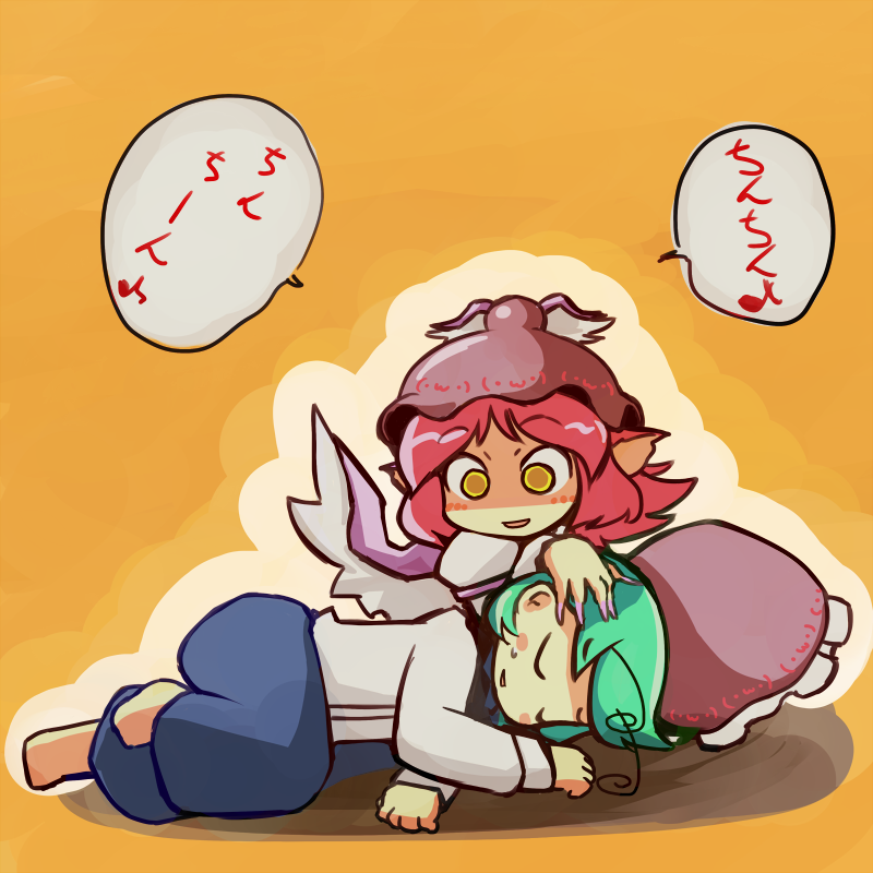 ugif, mystia lorelei, wriggle nightbug, touhou, translation request, 2girls, animal ears, antennae, emoticon, female focus, fingernails, green hair, hat, kaomoji, multiple girls, musical note, nail (hardware), nail polish, pink hair, pink nails, short hair, sleeping, wings, yellow eyes, you gonna get raped