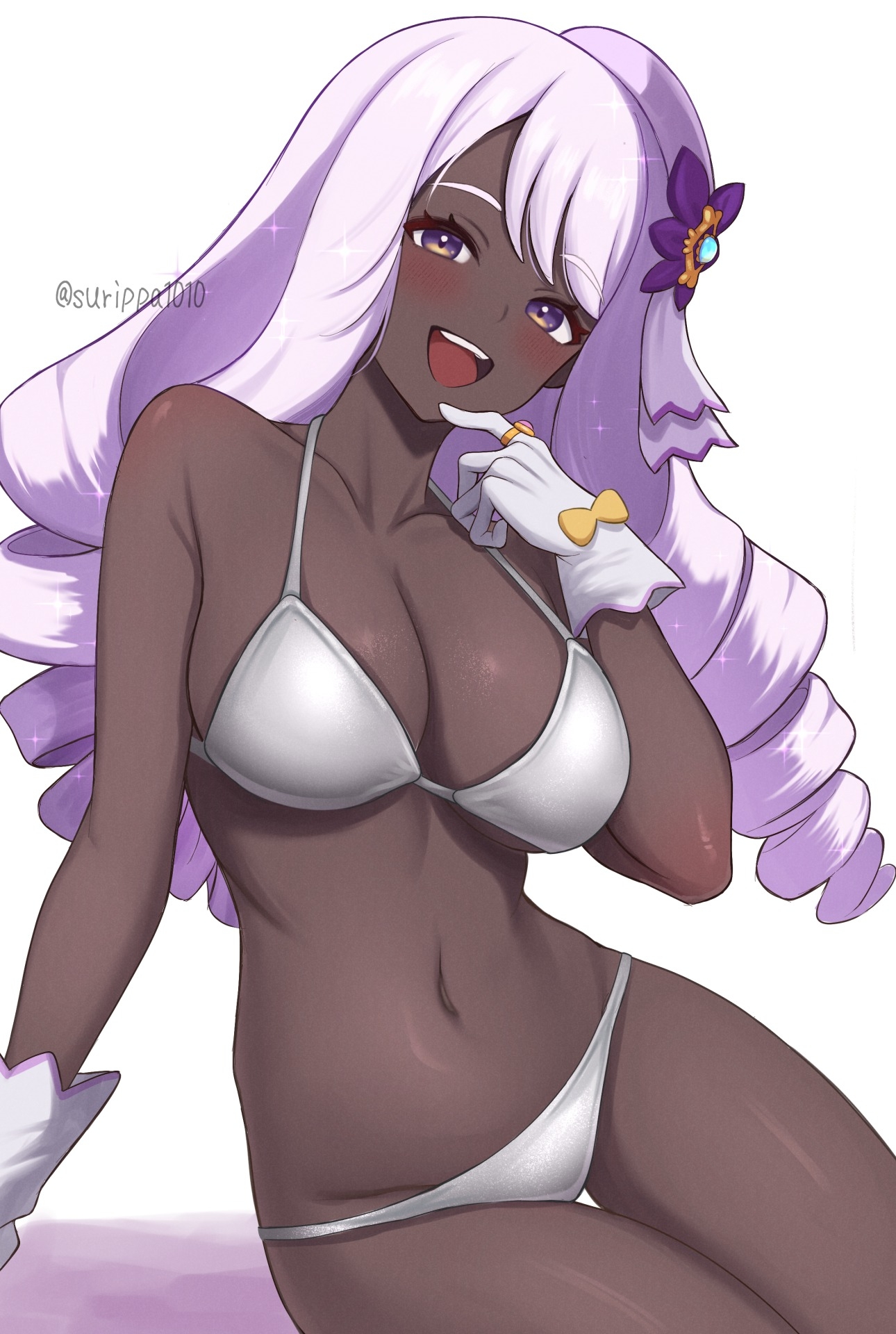 surippa1010, jacinthe (pokemon), nintendo, pokemon, pokemon legends: z-a, commentary request, highres, 1girl, :d, arm support, armpit crease, bikini, blush, breasts, cleavage, dark-skinned female, dark skin, drill hair, flower, gloves, hair flower, hair ornament, jewelry, large breasts, long hair, looking at viewer, navel, open mouth, purple eyes, purple hair, ring, sitting, smile, solo, stomach, swimsuit, thigh gap, thighs, twin drills, very dark skin, very long hair, white background, white bikini, white gloves