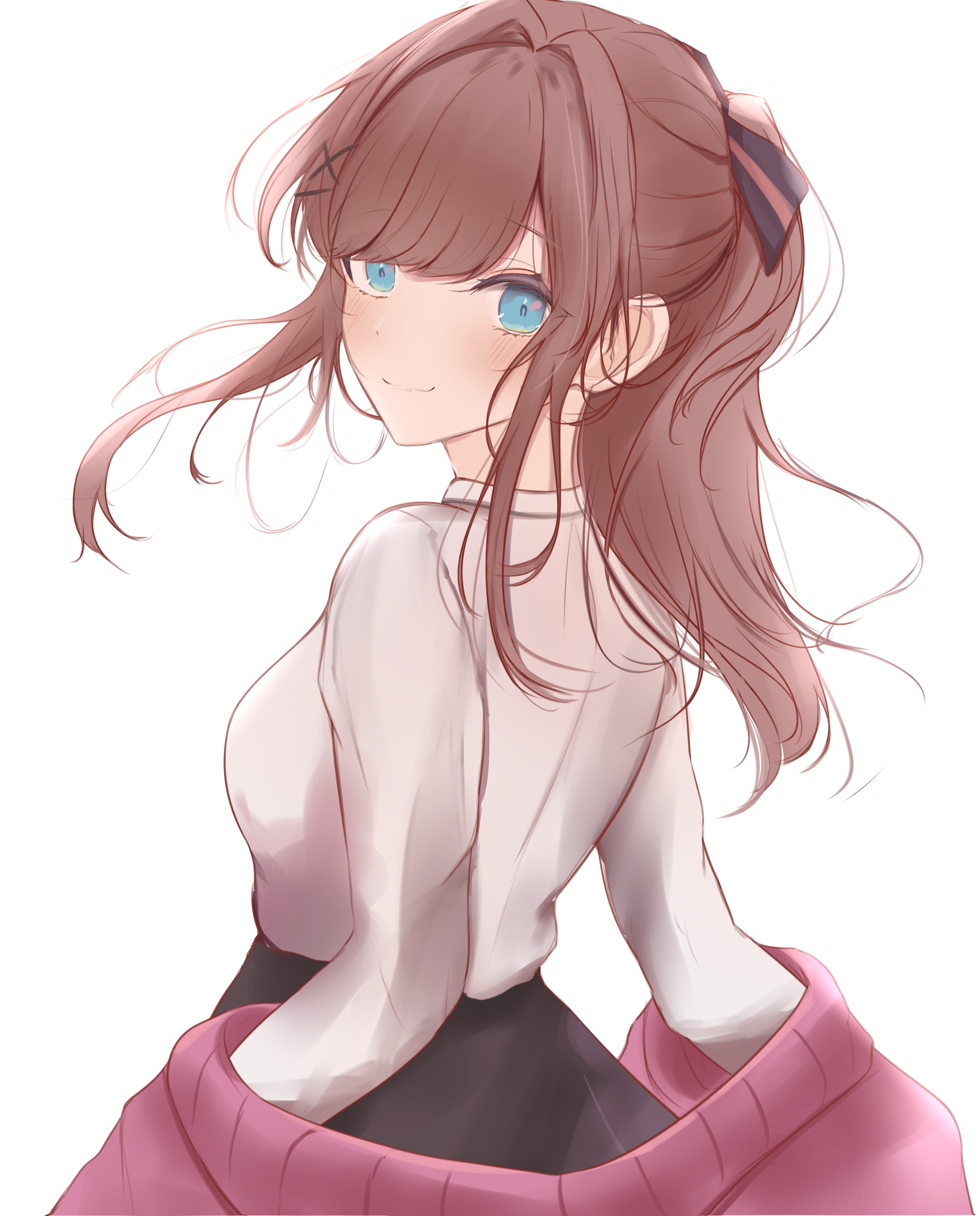 ri shan, suzuhara lulu, suzuhara lulu (1st costume), nijisanji, absurdres, commentary request, highres, 1girl, black ribbon, black skirt, blush, breasts, brown hair, cardigan, closed mouth, green eyes, hair intakes, hair ornament, hair ribbon, hairclip, long hair, long sleeves, looking at viewer, looking back, pink cardigan, ponytail, ribbon, shirt, simple background, skirt, smile, solo, striped ribbon, swept bangs, virtual youtuber, white background, white shirt