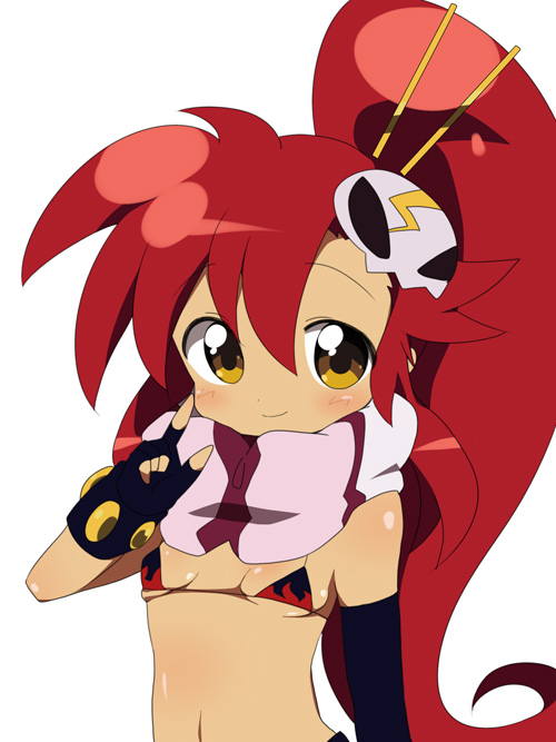 meiro (yuu), yoko littner, tengen toppa gurren lagann, bad id, bad pixiv id, 00s, 1girl, bikini, bikini top only, blush, chibi, female focus, fingerless gloves, flat chest, gloves, hair ornament, hairclip, long hair, navel, red hair, scarf, solo, swimsuit, yellow eyes