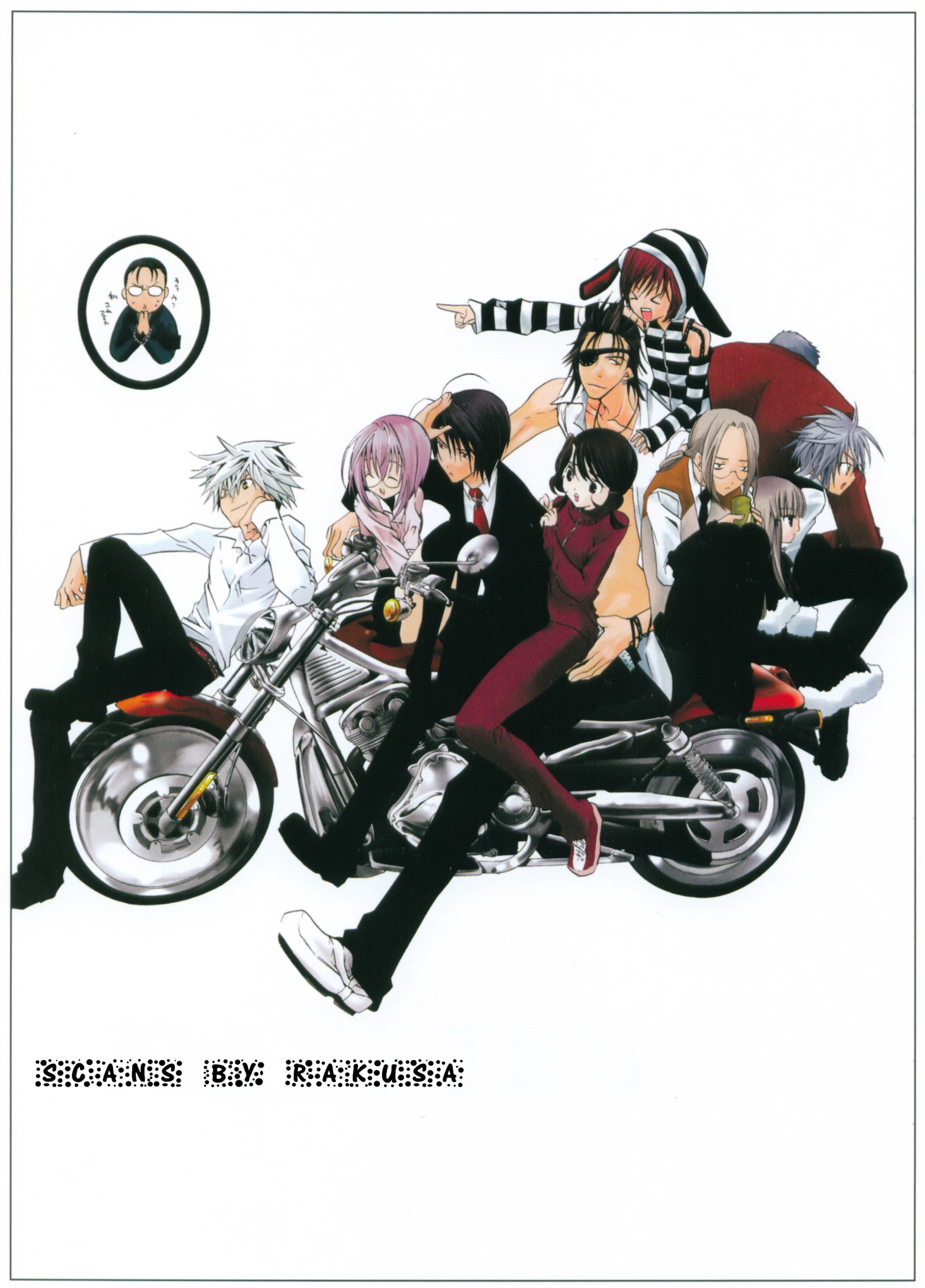 akatsuki chika, asou soutetsu, bekkou, kita michiru, kuse shimotsuki, sawatari otsu, tachibana shito, yoimachi koyomi, yuuta, zombie loan, silver hair, vehicle, highres, 00s, antenna hair, black hair, blue eyes, brown hair, cup, earrings, everyone, eyepatch, glasses, green eyes, jewelry, motor vehicle, motorcycle, open mouth, pink hair, red eyes, red hair, smile