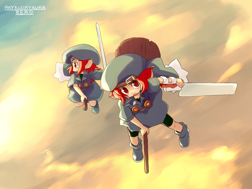 ugif, kudryavka (ray-kudryavka), ray-kudryavka, 2girls, animal ears, broom, hat, multiple girls, red eyes, red hair, sky, sword, weapon