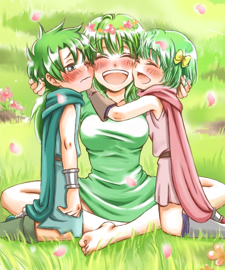 yakisobapan tarou & negitoro-ko, collins (dq5), henry (dq5), hero (dq5), dragon quest, dragon quest v, gender request, 1boy, 2girls, aqua eyes, armlet, barefoot, blush, bow, bracelet, cape, cheek-to-cheek, crown, embarrassed, family, feet, flower, genderswap, grass, green eyes, green hair, hair bow, happy, head wreath, heads together, hug, if they mated, jewelry, multiple girls, open mouth, outdoors, petals, short hair, smile