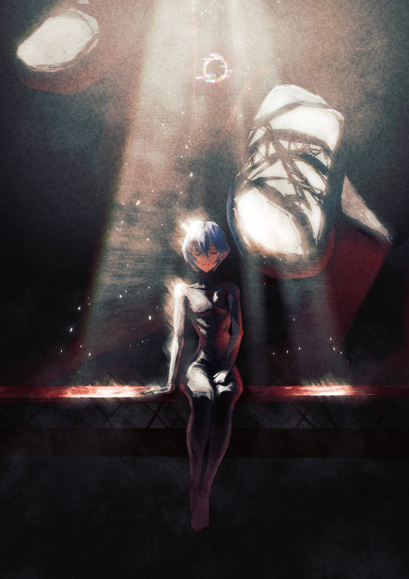 cchan tuka, ayanami rei, neon genesis evangelion, commentary request, 1girl, aqua hair, bodysuit, closed eyes, mecha pilot suit, plugsuit (evangelion), shadow, short hair, sitting, solo, sunlight