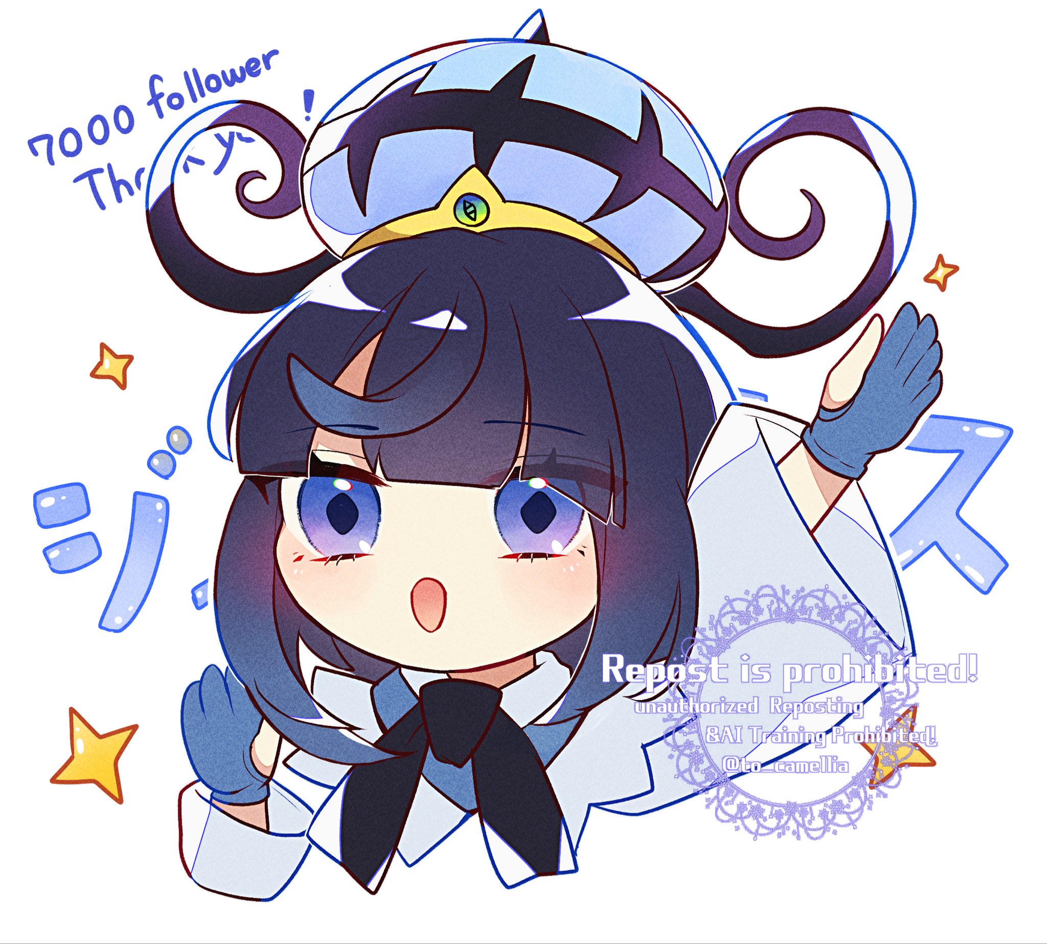 to camellia, gwynn (pokemon), nintendo, pokemon, pokemon legends: z-a, commentary request, highres, 1girl, :d, arm up, blue eyes, blue gloves, blunt bangs, bob cut, chibi, chibi only, coat, cropped torso, gloves, hat, long sleeves, mega stone, milestone celebration, open mouth, partially fingerless gloves, purple hair, short hair, smile, solo, thank you, upper body, white background, white coat, wide sleeves