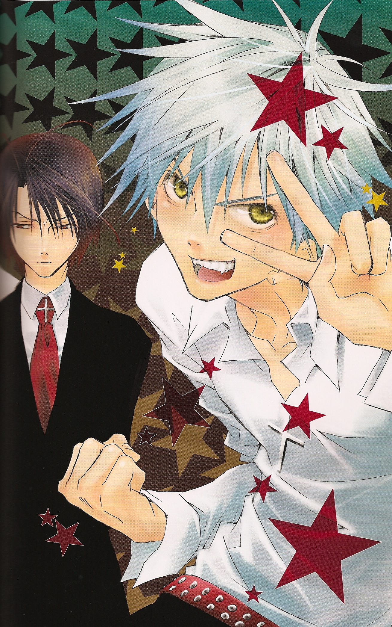 akatsuki chika, tachibana shito, zombie loan, silver hair, highres, scan, 00s, antenna hair, black hair, clenched hand, earrings, fang, green eyes, jewelry, red eyes, star (symbol), sweatdrop, v