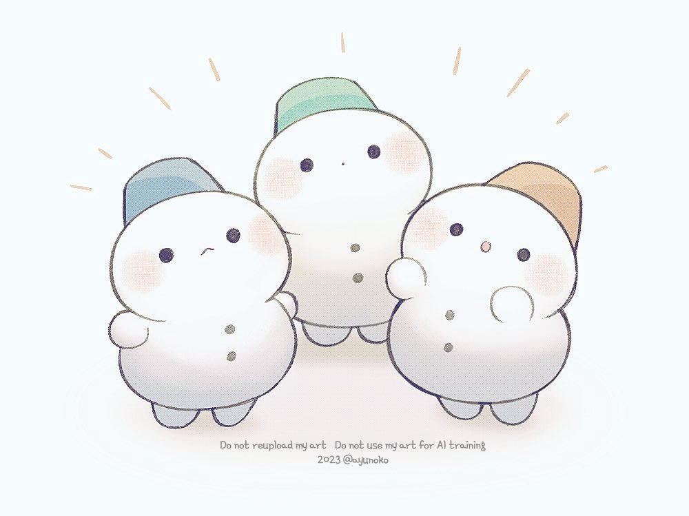 ayu (mog), original, commentary, english commentary, :o, blue hat, green hat, hat, no humans, notice lines, open mouth, orange hat, simple background, snowman, solid circle eyes, standing, twitter username, watermark, white background