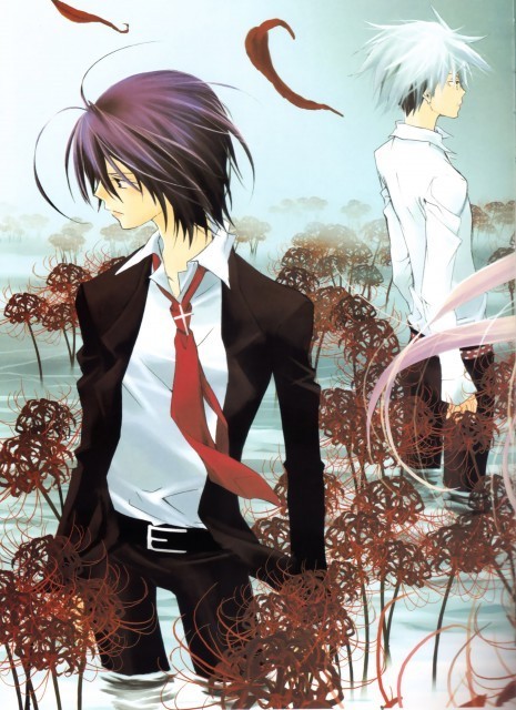 akatsuki chika, tachibana shito, zombie loan, silver hair, 00s, antenna hair, black hair, flower