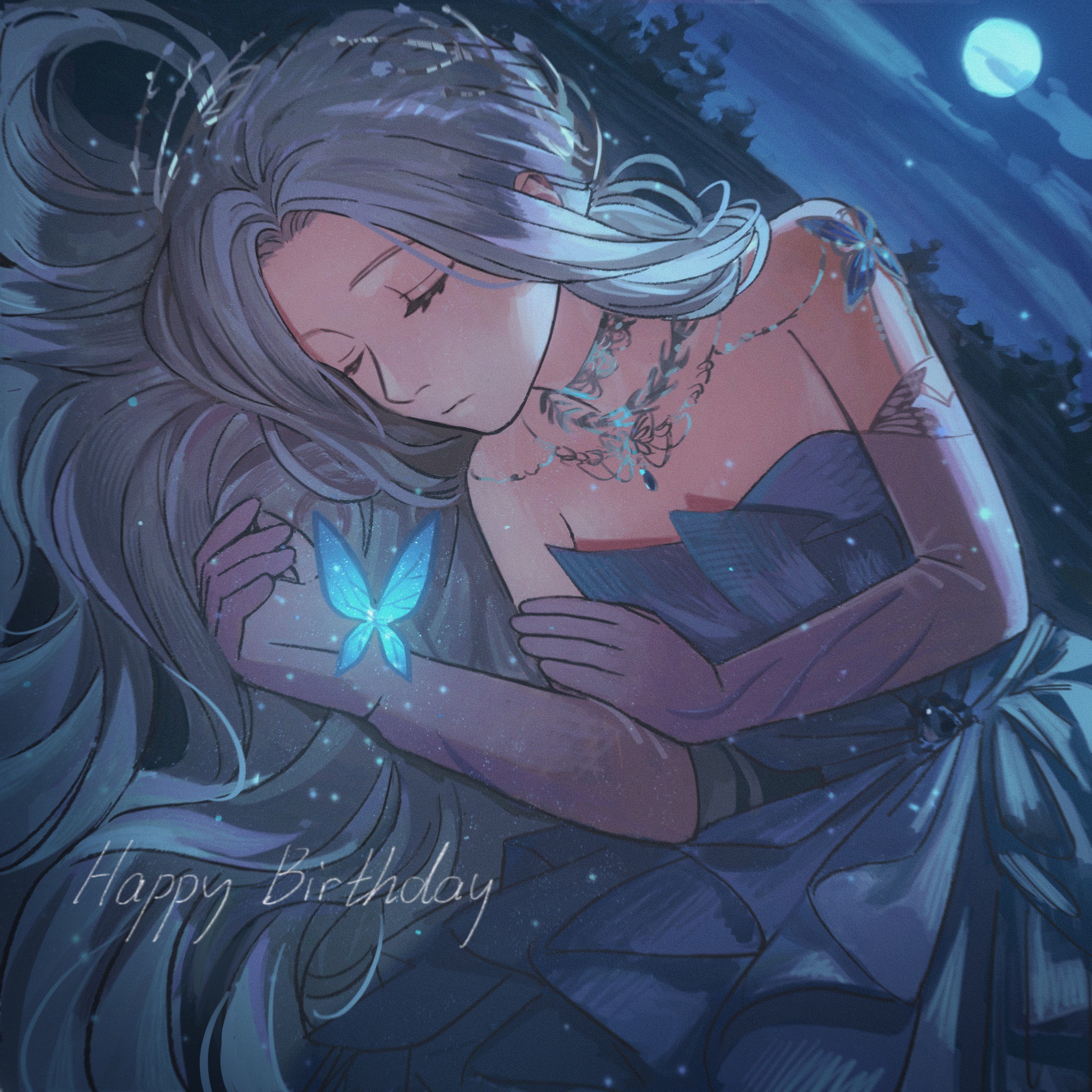 flutter storm (infinity nikki), infinity nikki, nikki (series), chinese commentary, commentary request, highres, 1girl, anshang doufu, bare shoulders, blue bow, blue butterfly, blue dress, blue gemstone, blue sky, bow, bug, butterfly, closed eyes, cloud, cowboy shot, dress, elbow gloves, english text, expressionless, eyelashes, full moon, gem, gloves, gown, grey hair, hair ornament, hair spread out, happy birthday, insect, jewelry, light particles, long hair, lying, moon, necklace, night, on ground, on side, outdoors, pointy nose, purple gloves, sky, solo, strapless, strapless dress, very long hair, waist bow, wavy hair
