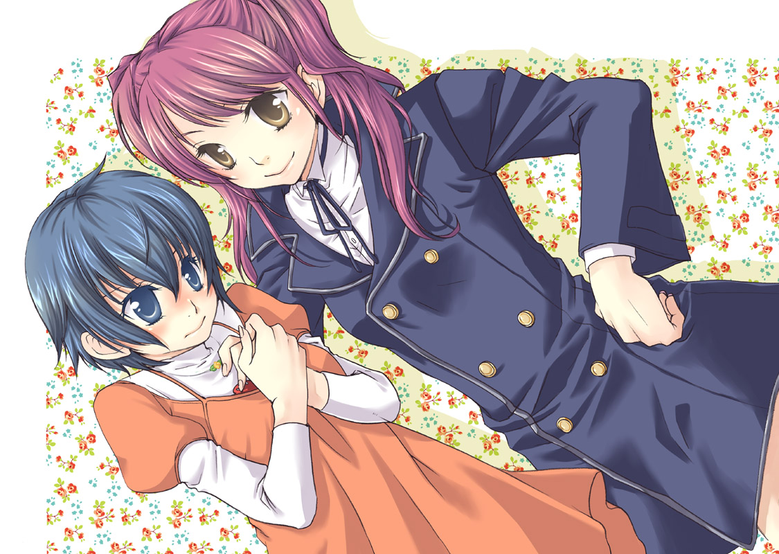 tsuru gimomoko (pixiv), tsurugi momoko, kujikawa rise, shirogane naoto, atlus, persona, persona 4, 2girls, alternate costume, blue eyes, blue hair, blush, brown eyes, cosplay, costume switch, dress, long hair, multiple girls, red hair, short hair