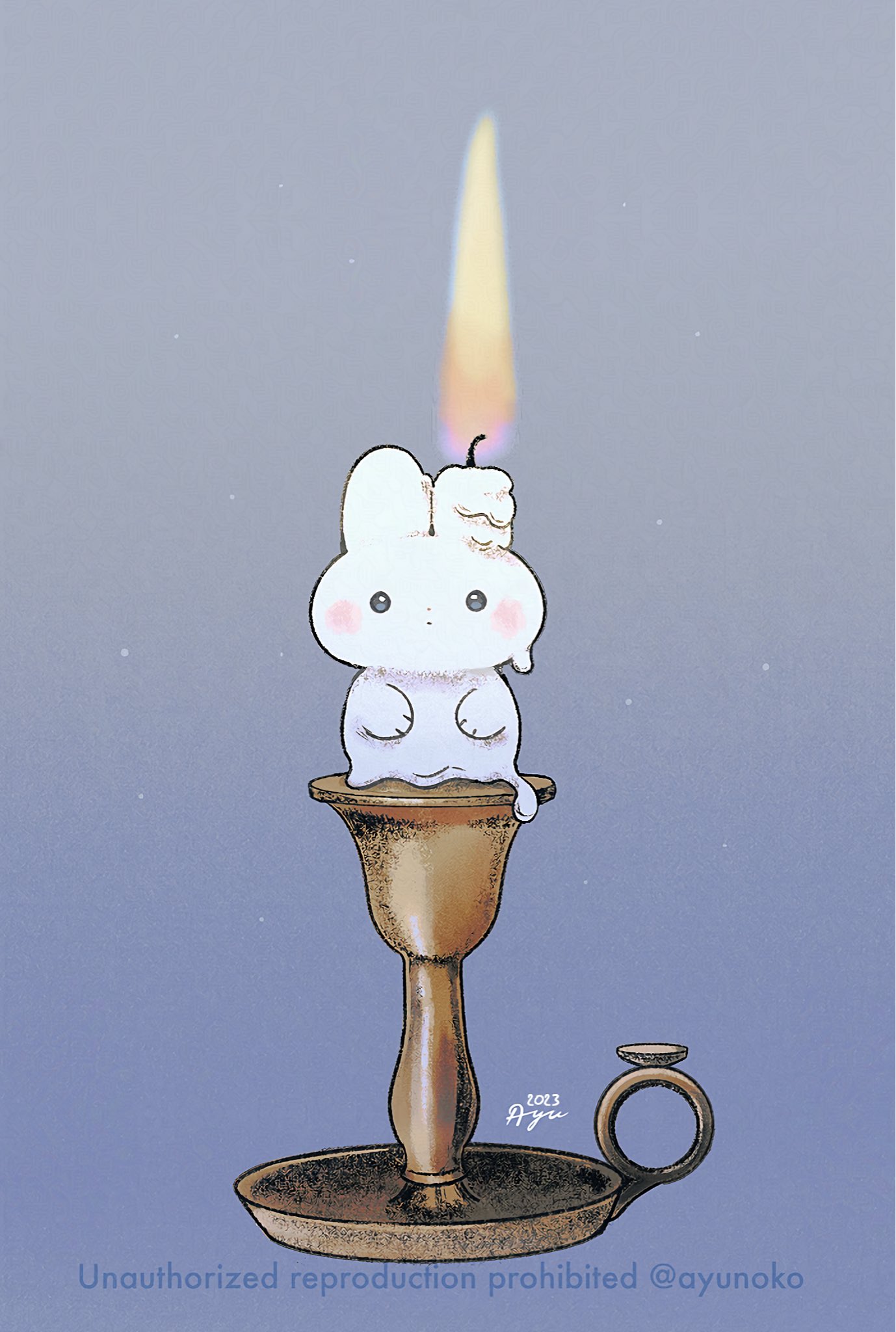 ayu (mog), original, commentary request, highres, animal, animal focus, blue background, blue eyes, blush stickers, candle, closed mouth, no humans, rabbit, signature, solo, twitter username, watermark