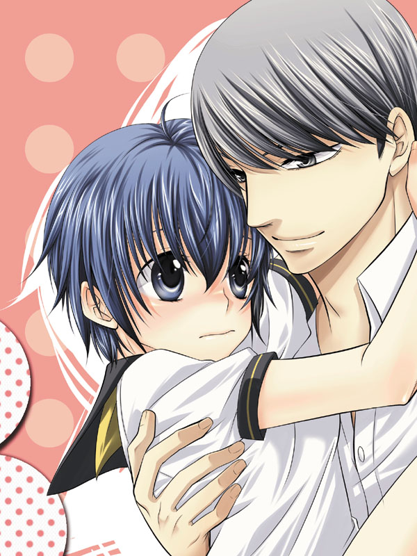 tsuru gimomoko (pixiv), tsurugi momoko, narukami yu, shirogane naoto, atlus, persona, persona 4, bad id, bad pixiv id, 1boy, 1girl, blue eyes, blue hair, blush, couple, grey hair, hetero, hug, school uniform, serafuku, short hair