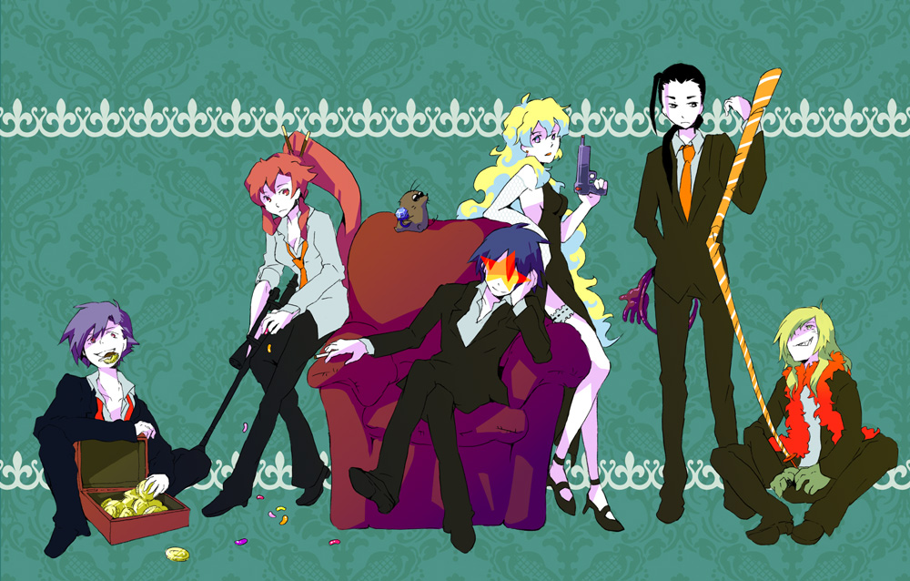 nishigi (great-tit), boota (ttgl), kamina (ttgl), nia teppelin, rossiu adai, simon (ttgl), viral (ttgl), yoko littner, 007, tengen toppa gurren lagann, 00s, 2girls, 4boys, alternate costume, black hair, blonde hair, blue hair, candy, chair, dress, feather boa, food, formal clothes, gun, head rest, jewelry, multicolored hair, multiple boys, multiple girls, necktie, red hair, simon shades, suit, sunglasses, weapon