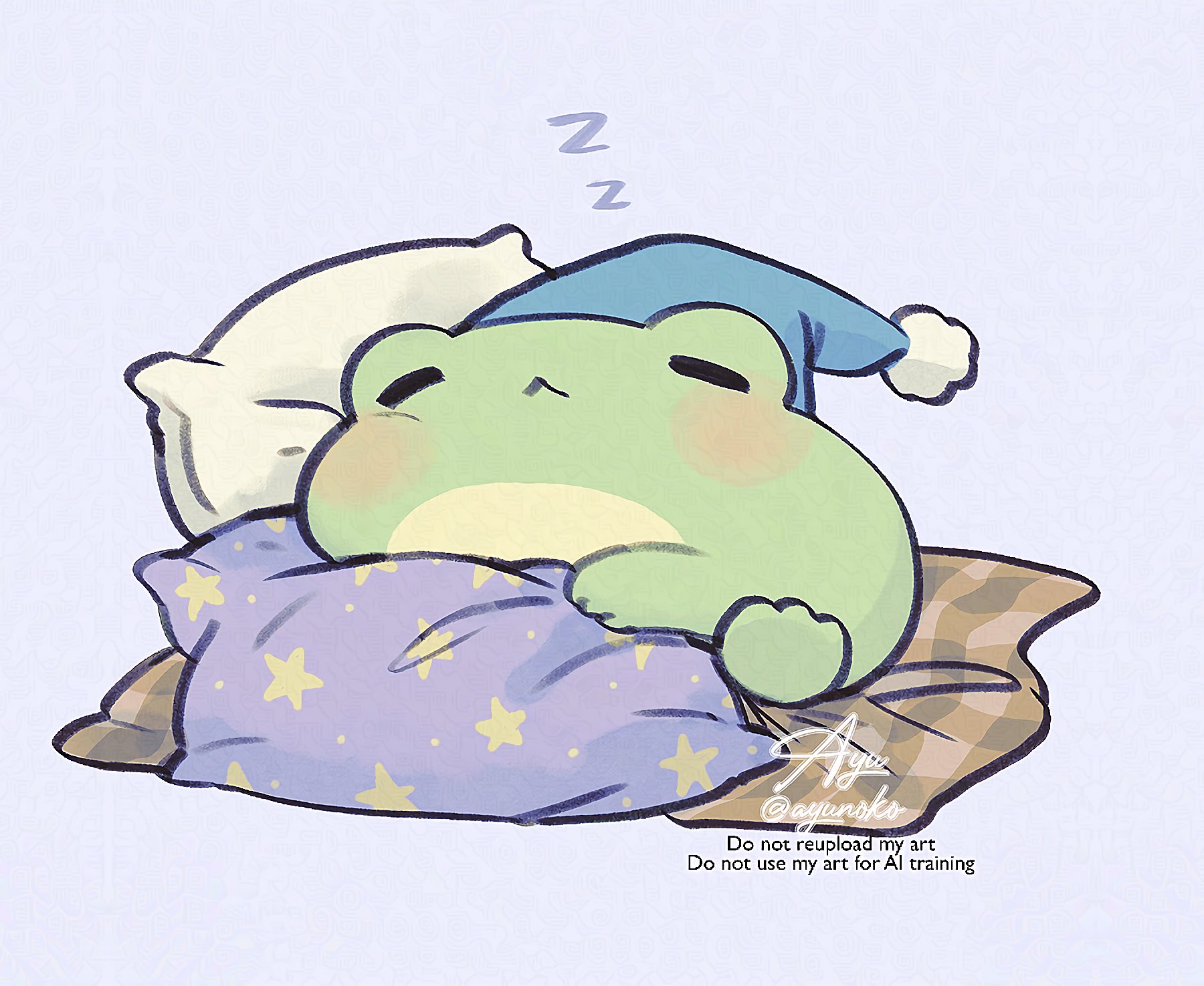 ayu (mog), original, commentary, highres, :<, animal focus, blush stickers, closed eyes, frog, grey background, no humans, pillow, signature, simple background, sleeping, solo, twitter username, watermark, zzz