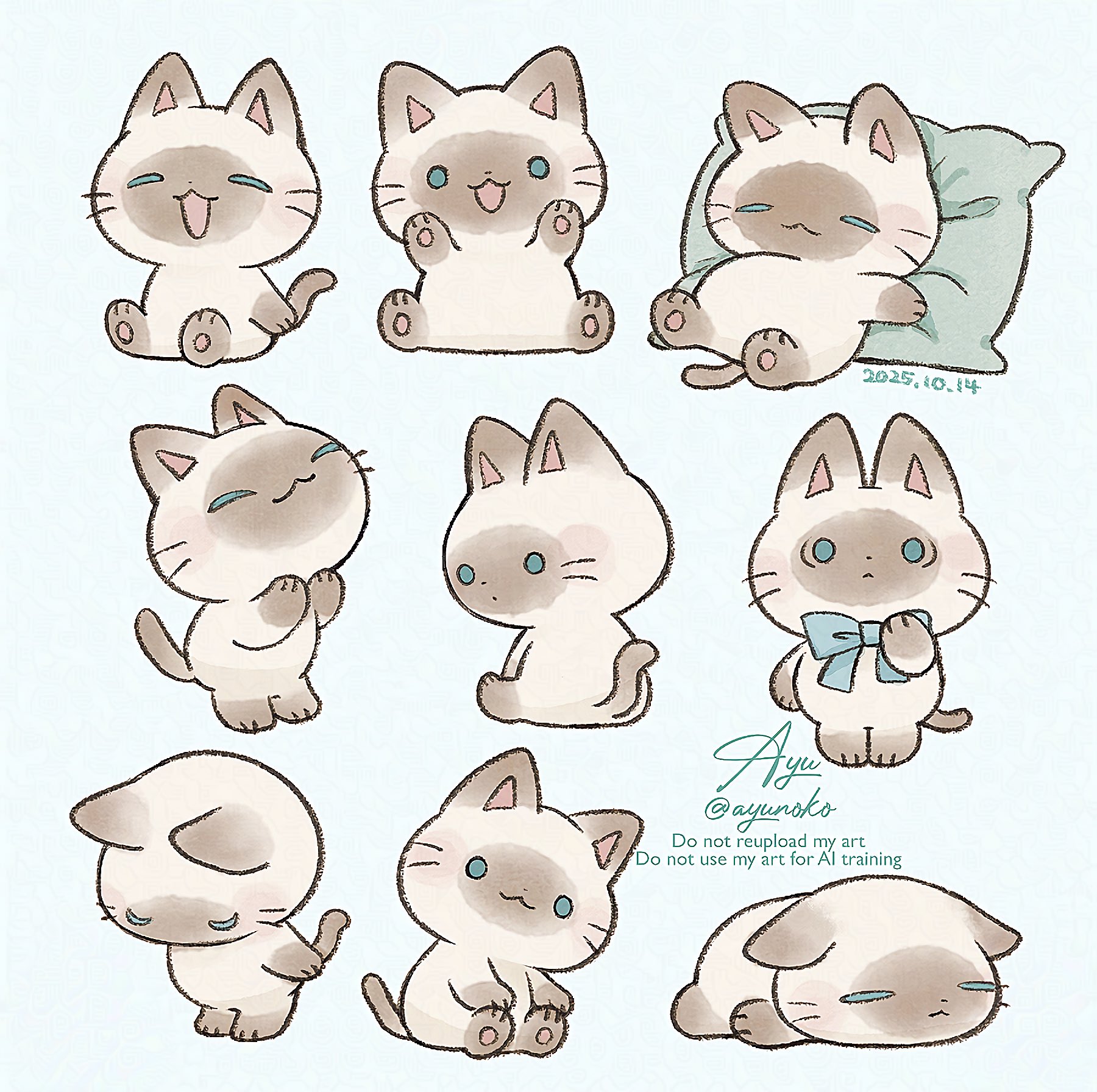 ayu (mog), original, commentary, english commentary, highres, :<, :3, :d, animal, animal focus, blue bow, blue bowtie, blue eyes, bow, bowtie, cat, closed eyes, closed mouth, dated, dot mouth, grey background, lying, multiple views, no humans, on stomach, open mouth, pillow, signature, simple background, sitting, smile, solid circle eyes, standing, twitter username, watermark, whiskers