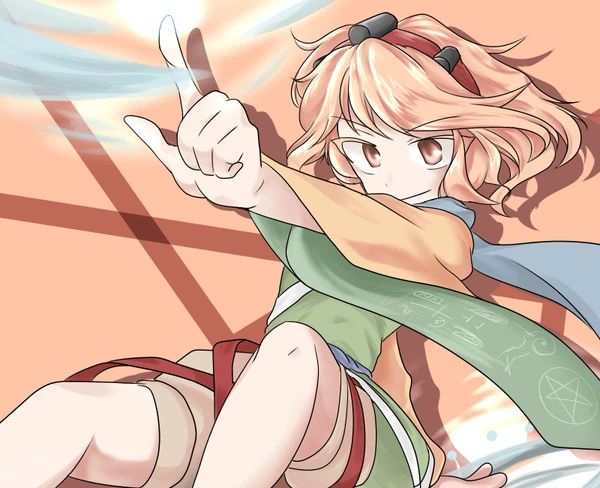 jandare, zuifeng tenkai, len'en, image sample, non-web source, pixiv sample, 1other, androgynous, baggy shorts, bare legs, blue scarf, brown shorts, closed mouth, colored eyelashes, cowboy shot, dot nose, green kimono, hair rollers, hairband, happy, invisible chair, japanese clothes, kimono, knees, leg ribbon, long sleeves, looking ahead, magic, orange background, orange eyes, orange hair, orange sleeves, other focus, outstretched arm, pentagram, pointing, print sleeves, red eyes, red hairband, ribbon, scarf, shadow, short hair, shorts, sitting, smile, solo, spell, two-sided sleeves, wavy hair, wide sleeves